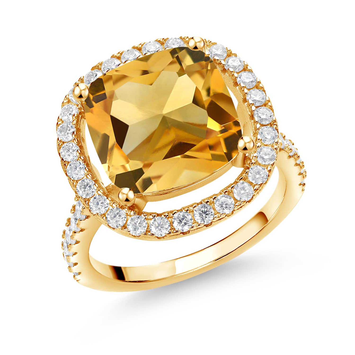 18K Yellow Gold Plated Silver Ring with Cushion Cut Yellow Citrine & Created Moissanite Gemstones (7.38 Cttw) - Elegant Jewelry for Weddings, Anniversaries & Special Occasions