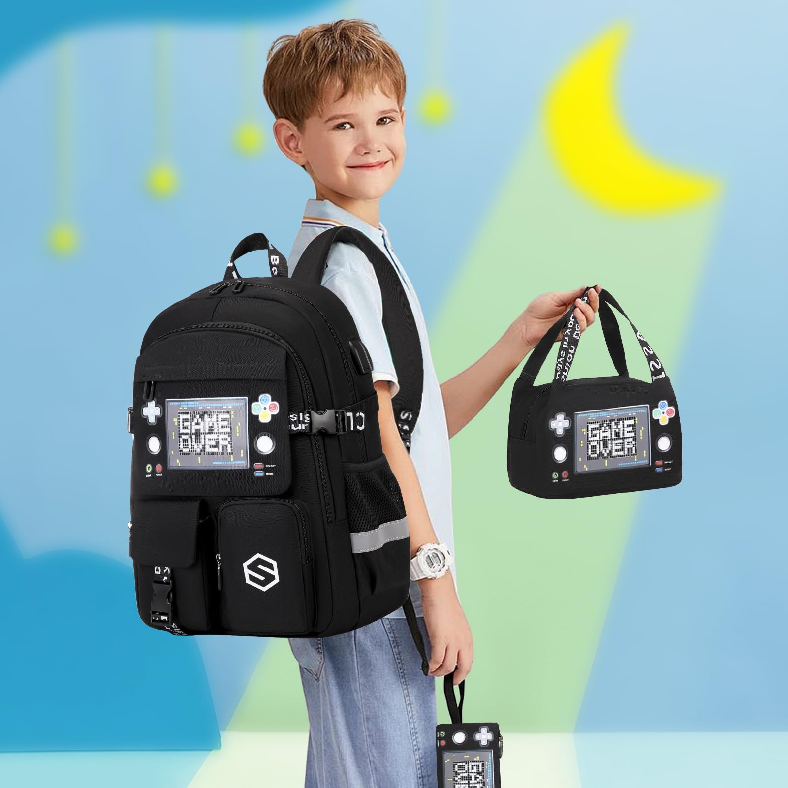 Cool Luminous Boys Backpack with USB Charging Port - Waterproof School Backpack for Kindergarten, Elementary & Middle School - Includes Lunch Bag & Pencil Case - Perfect for Teen Boys & Kids Daily Use, Travel & Outdoor Activities
