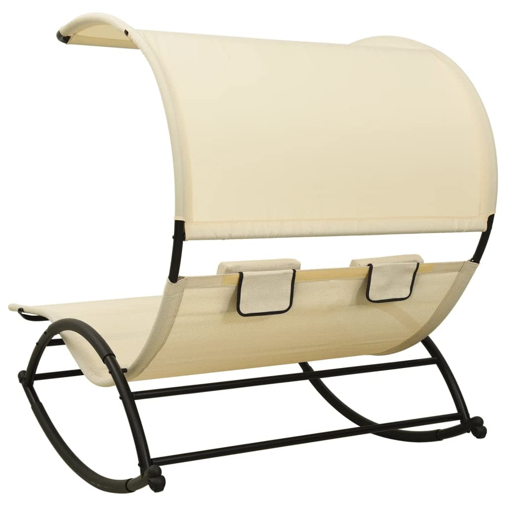 vidaXL Double Sun Lounger with Adjustable Canopy - Cream Textilene Fabric & Steel Frame - Comfortable Outdoor Patio Furniture with Pillows - Perfect for Poolside, Beach, and Backyard Relaxation
