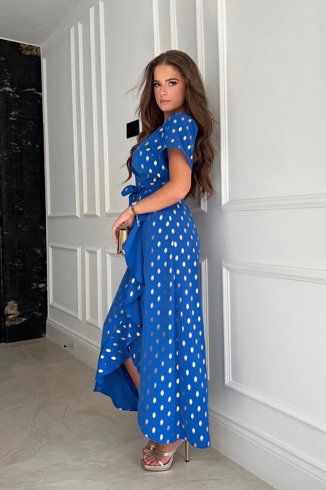 Farrah Foil Split Hem Frill Detail Maxi Dress for Women - Elegant Blue Flowy Long Dress for Evening Parties, Weddings & Special Occasions