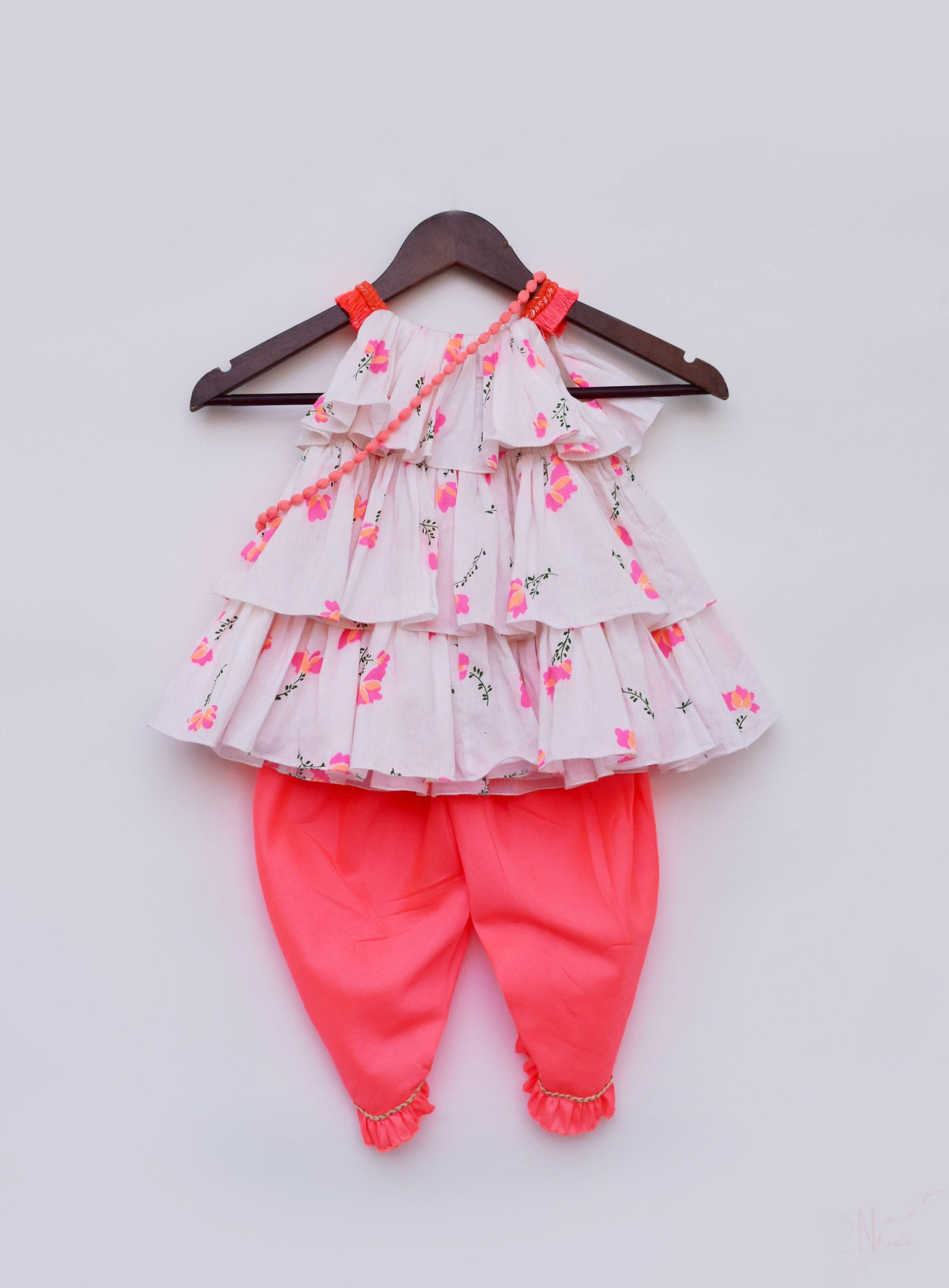 Pre Order: Off White Floral Print Kurti & Pink Dhoti Set - Stylish Indian Ethnic Outfit for Women, Festive Wear, Wedding Guest Outfit, Diwali Celebration, Cultural Events