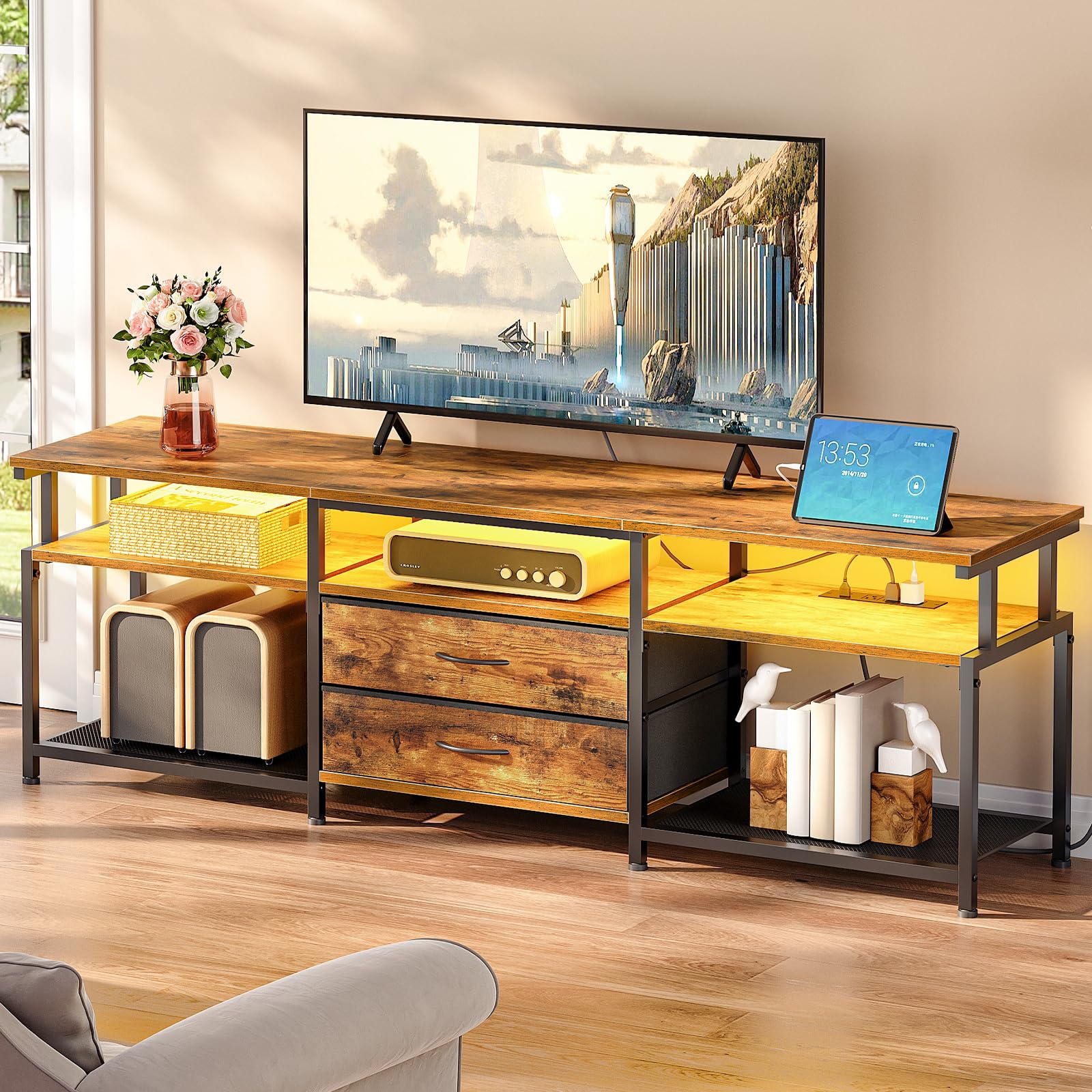 HOOBRO 75 Inch TV Stand with Power Outlet & LED Lights - Modern Rustic Brown Entertainment Center with 2 Non-Woven Drawers - Perfect for Living Room, Bedroom Home Theater Setup (Model BF55UDDS01)