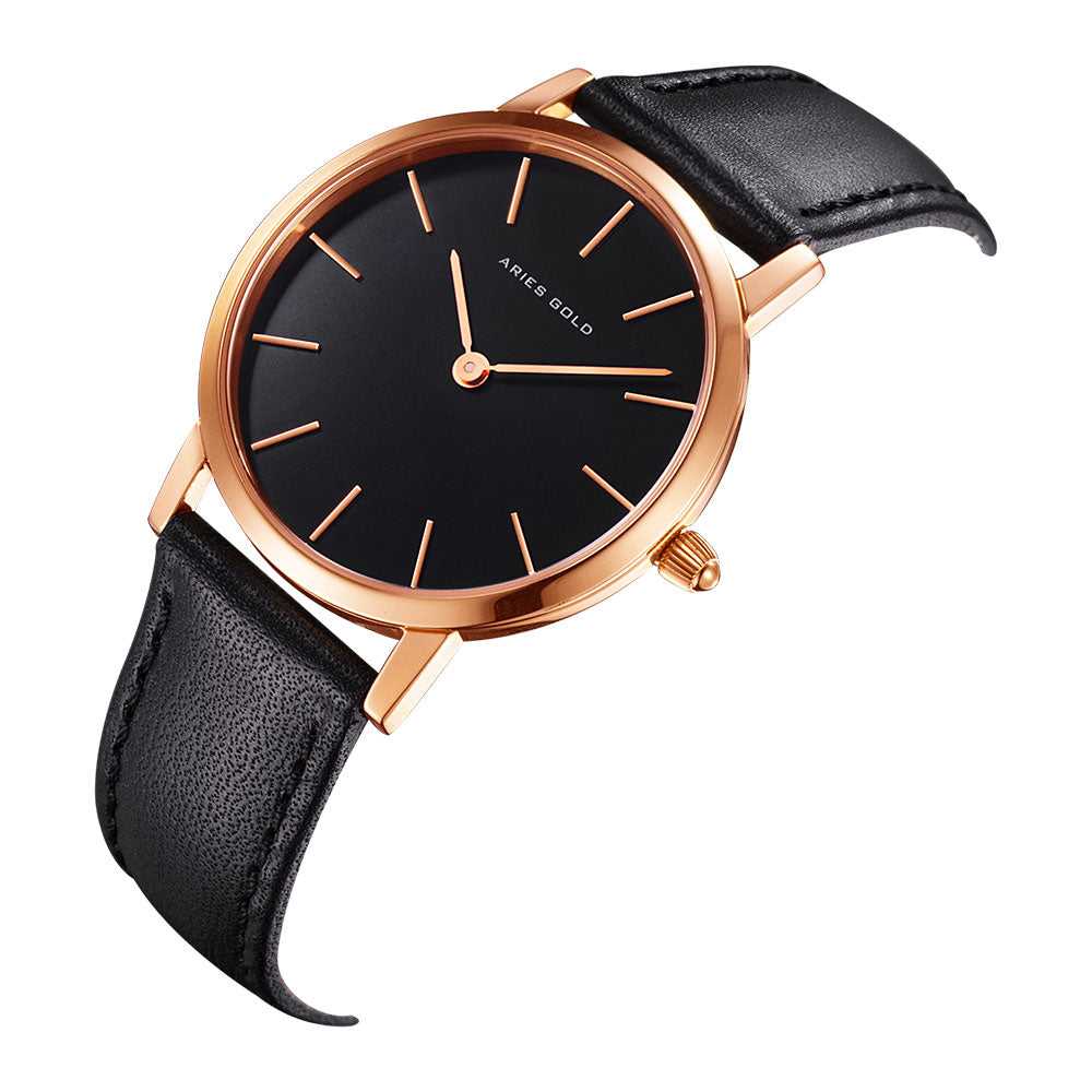 ARIES GOLD URBAN SANTOS Rose Gold Stainless Steel Women's Watch with Black Leather Strap - Fashion Accessory for Everyday Wear, Office & Special Occasions