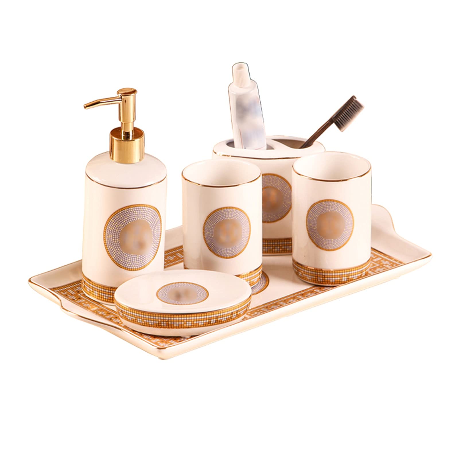Ceramic Soap Dispenser Set - 5-Piece Farmhouse Bathroom Accessories with Soap Dish, Toothbrush Holder & Mouthwash Cup - Countertop Organizer for Liquid Soap & Lotion - Perfect for Rustic, Vintage & Modern Bathroom Decor