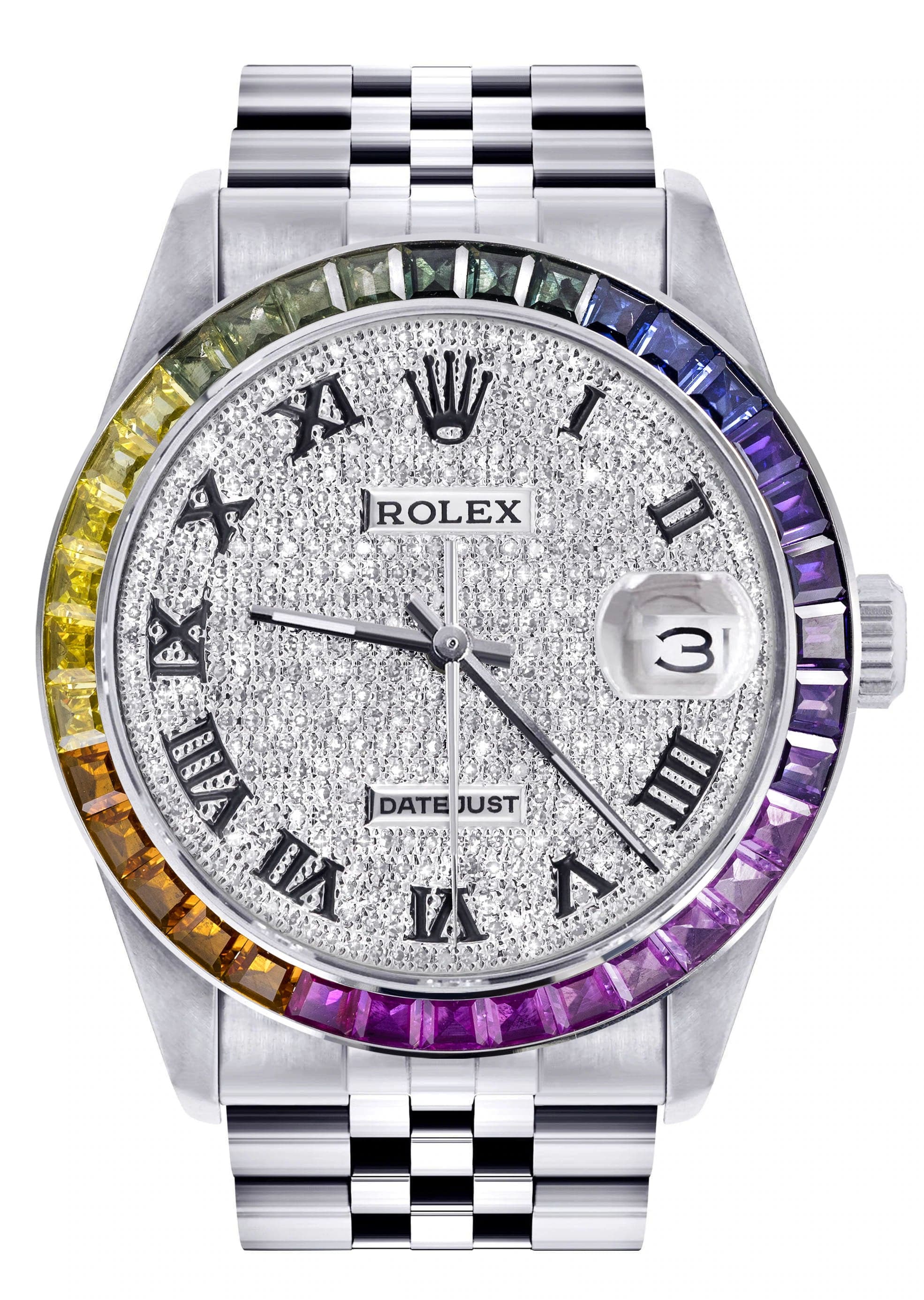 Luxury Diamond Gold Rolex Watch for Men - Model 16200 | 36mm Rainbow Sapphire Bezel | Iced Out Roman Numeral Dial | Jubilee Bracelet | Perfect for Gifts, Special Occasions & Luxury Fashion