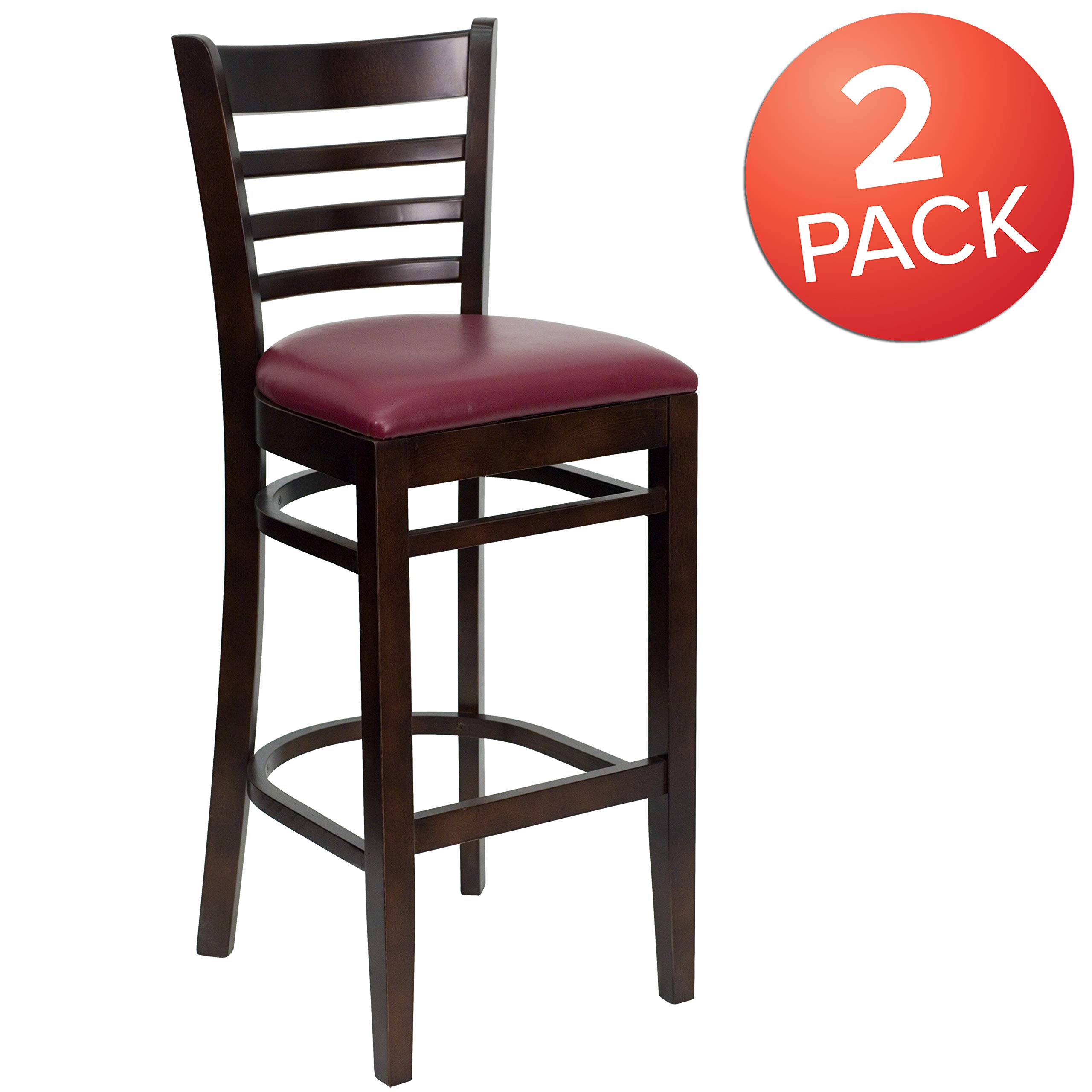 2 Pack Walnut Wood Bar Stools with Burgundy Vinyl Upholstered Seats - Rustic Ladder Back Design for Kitchen Island, Breakfast Bar & Restaurant Counter Stools - Durable & Comfortable Dining Chairs