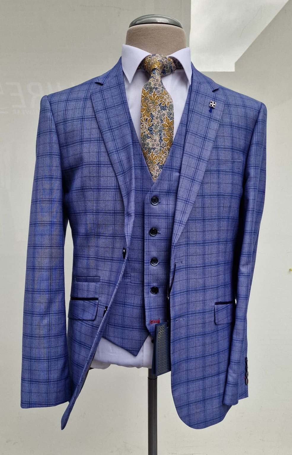 Cavani Tamara Blue Check Tailored Fit 3 Piece Suit for Men - Size 36R Jacket with 32R Trousers | Formal Business Attire, Wedding & Special Occasion Outfit