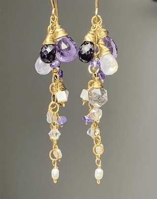 Handmade Amethyst & Black Spinel Dangle Earrings with Moonstone Accents - Boho Wire Wrap Jewelry for Women | Perfect for Parties, Weddings & Everyday Wear