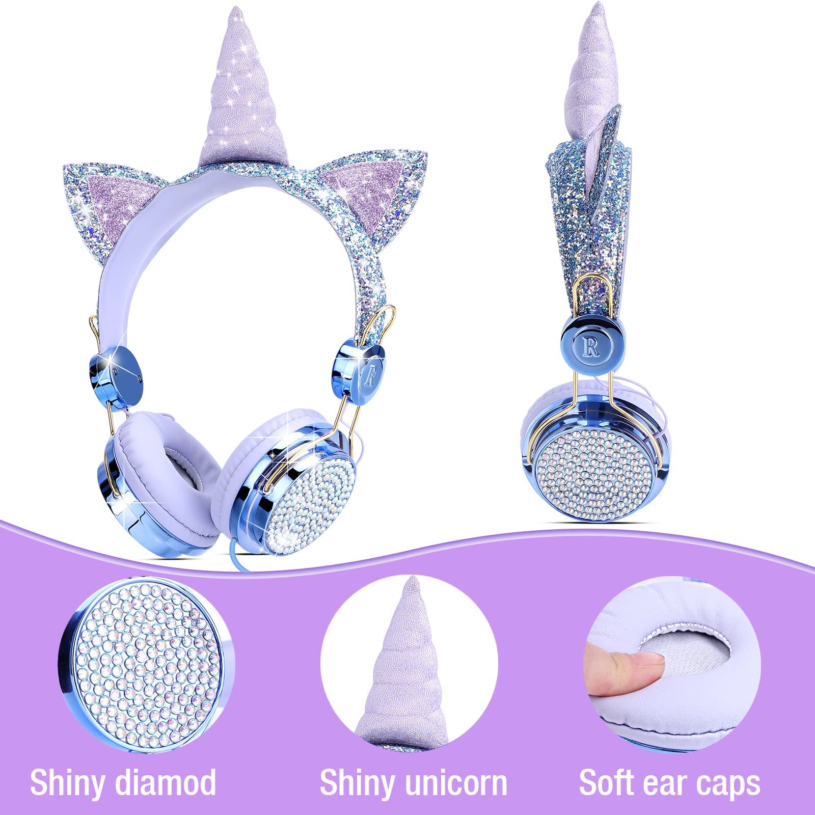 JYPS Unicorn Sparkly Rhinestone Wired Headphones for Kids - Adjustable Stereo Headset with Mic, Volume Control & Matching Bracelet (Fairy Blue) | Perfect for School, Travel & Online Learning