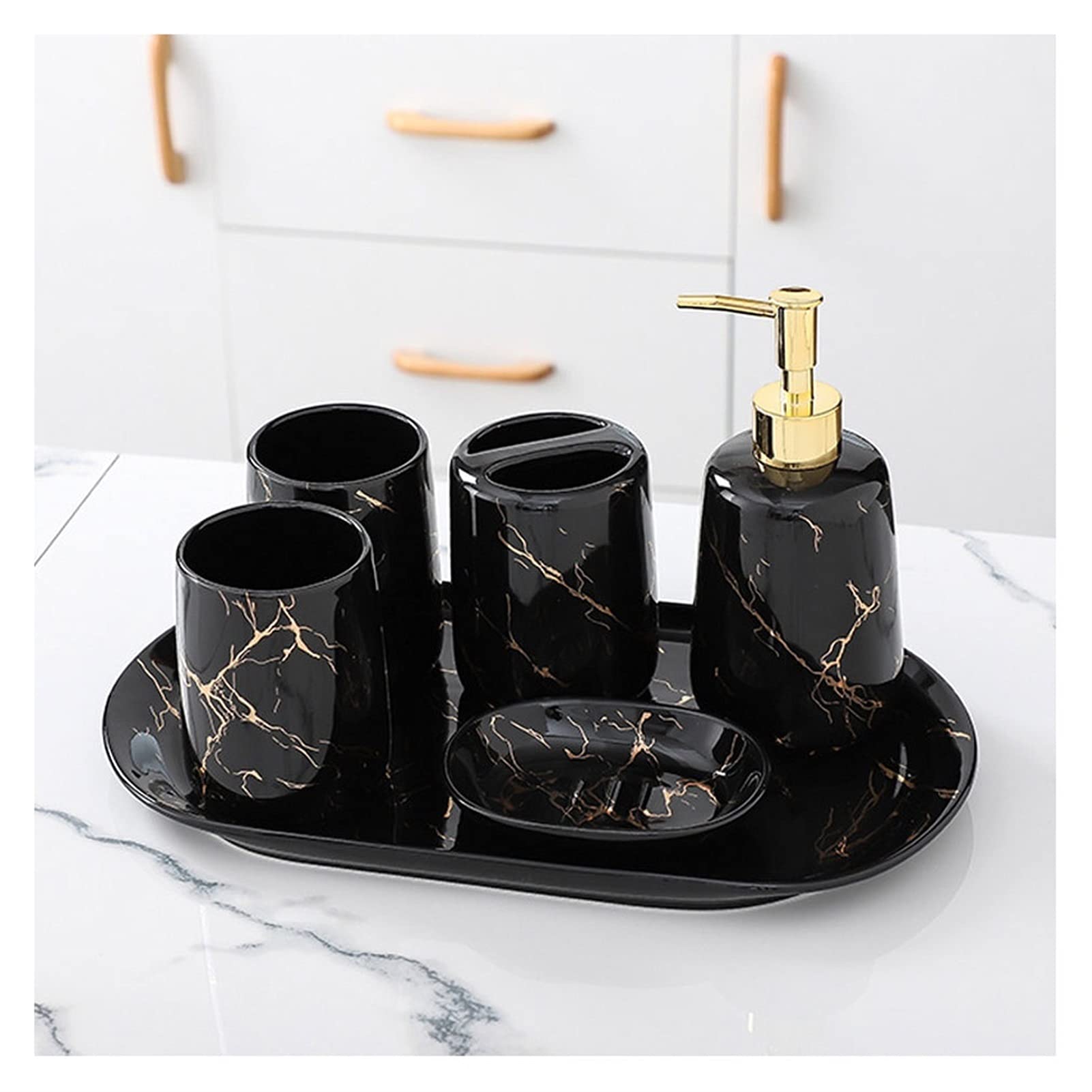 Premium 6-Piece Ceramic Bathroom Accessories Set - Refillable Liquid Soap Dispenser, Toothbrush Holder, Tumbler, Soap Dish & Tray | Elegant Hotel & Home Decor for Bathroom, Restroom, Kitchen Sink Organization