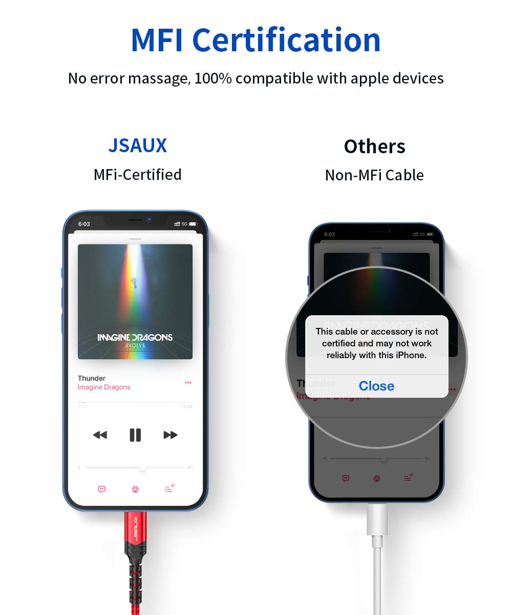 JSAUX MFi Certified Lightning to 3.5mm Aux Cable 1.8M (6ft) - Compatible with iPhone 14/13/12/11/X/XR & Car Stereo/Speaker/Headphone - Red | Perfect for Car Audio, Home Theater & Portable Music Listening