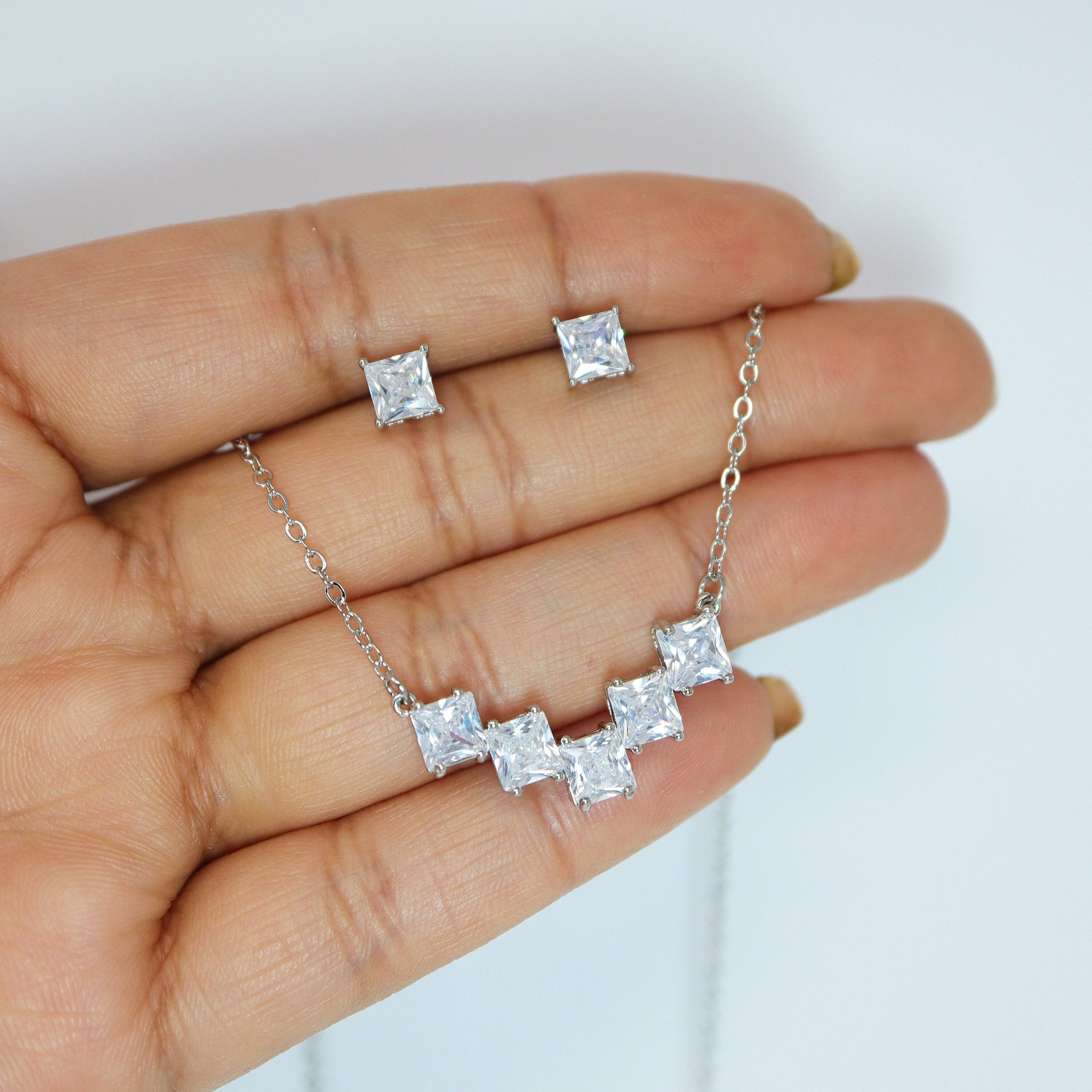 Swarovski Crystal Dainty 5 Square Geometric Necklace and Earrings Set - Elegant Bridal Jewelry & Statement Cubic Zirconia Gift for Women | Wedding, Anniversary, Party, Date Night