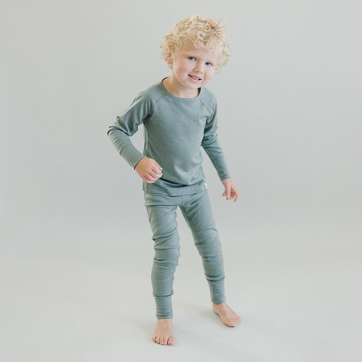 Kids Merino Wool Base Layer - Long Sleeve Thermal Top in Sage Green | Perfect for Winter Outdoor Activities & Layering