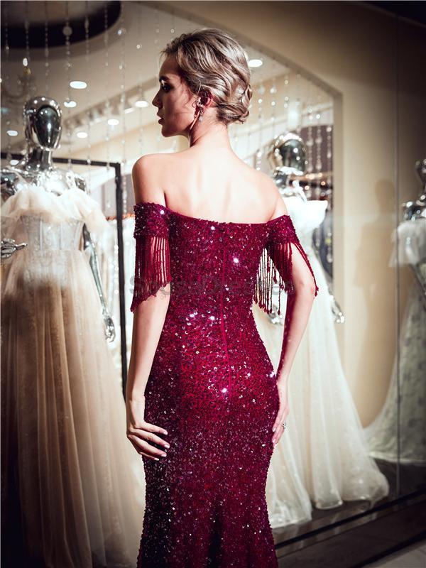 Elegant Off Shoulder Dark Red Beaded Mermaid Prom Dress for Evening Parties & Special Occasions - Perfect for Homecoming, Prom Night & Formal Events (Style 12064)