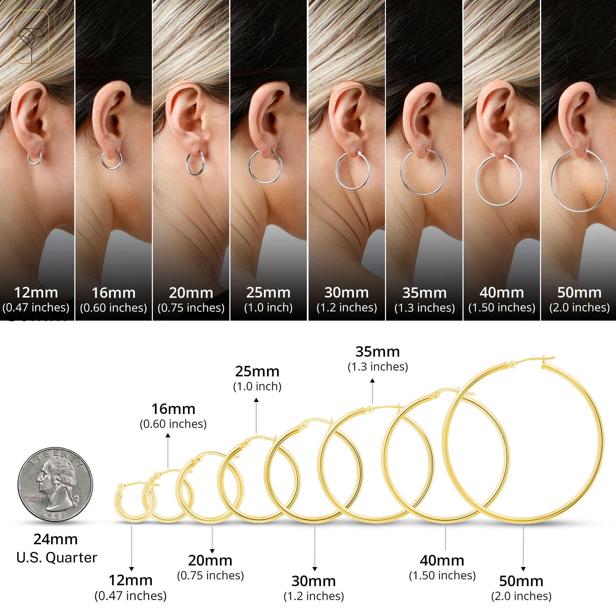 14k Solid Gold Hoop Earrings for Women - Yellow or White Gold Click-Top Hoops | Small to Large Sizes (0.47