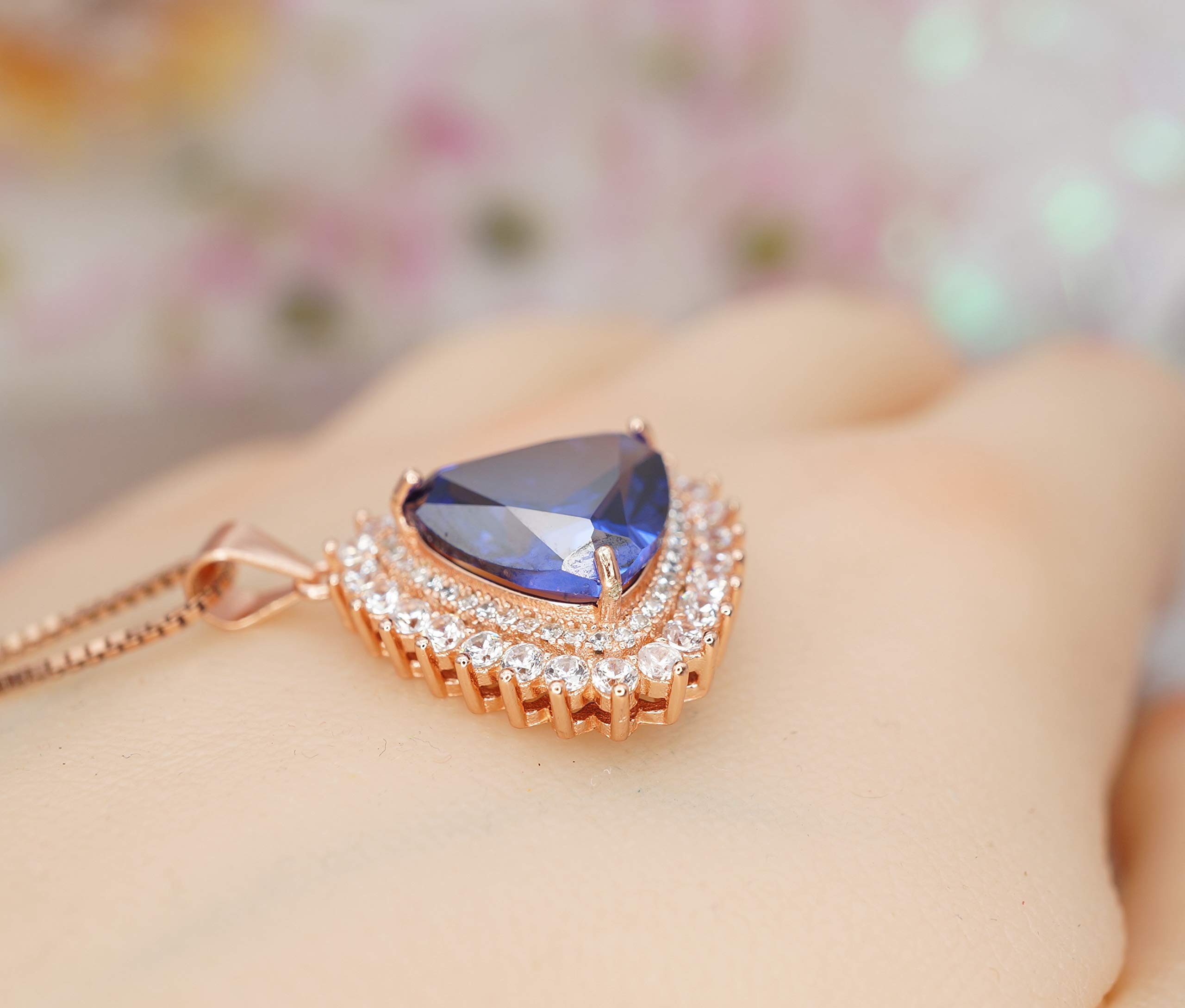 Trillion Tanzanite Necklace - Rose Gold Plated Sterling Silver, December Birthstone, Lab-Created Deep Blue Sea Pendant with Adjustable Chain | Elegant Gift for Women, Anniversary, Birthday, Christmas