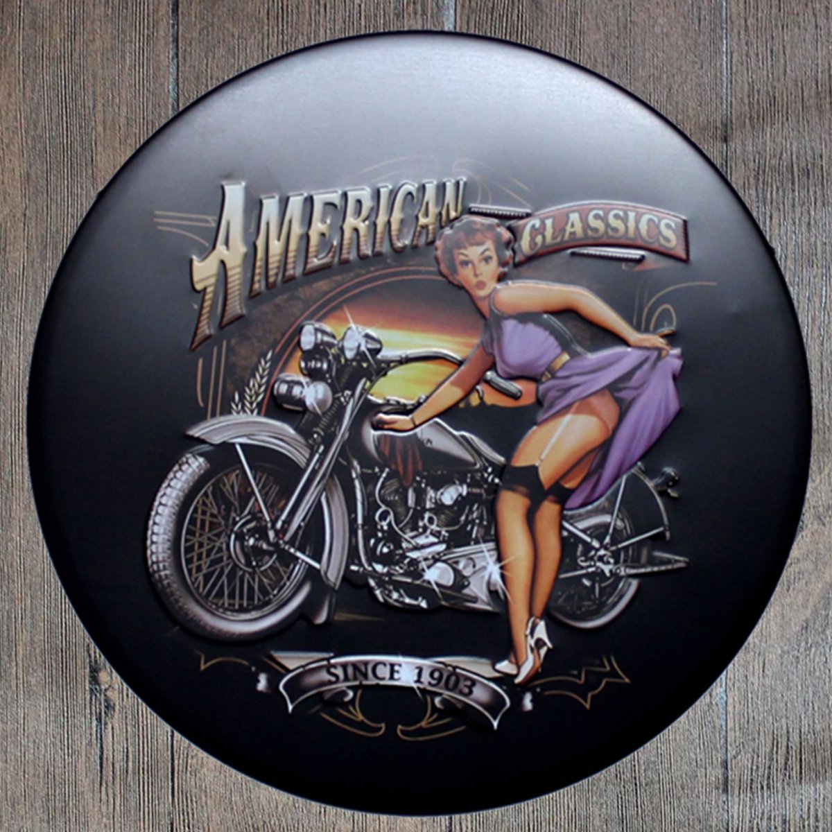 Vintage American Classics Round Embossed Metal Tin Sign Poster - Wall Decor for Home, Bar, Cafe & Man Cave (12 Inch)