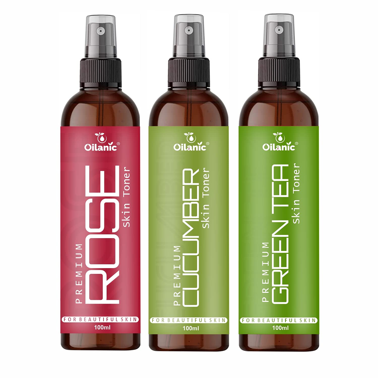 Oilanic Premium Rose, Cucumber & Green Tea Face Toner for Men & Women - Hydrating, Refreshing & Balancing Skin Care (3 x 100ml/300ml) - Perfect for Daily Skincare Routine, Post-Shave & Makeup Prep