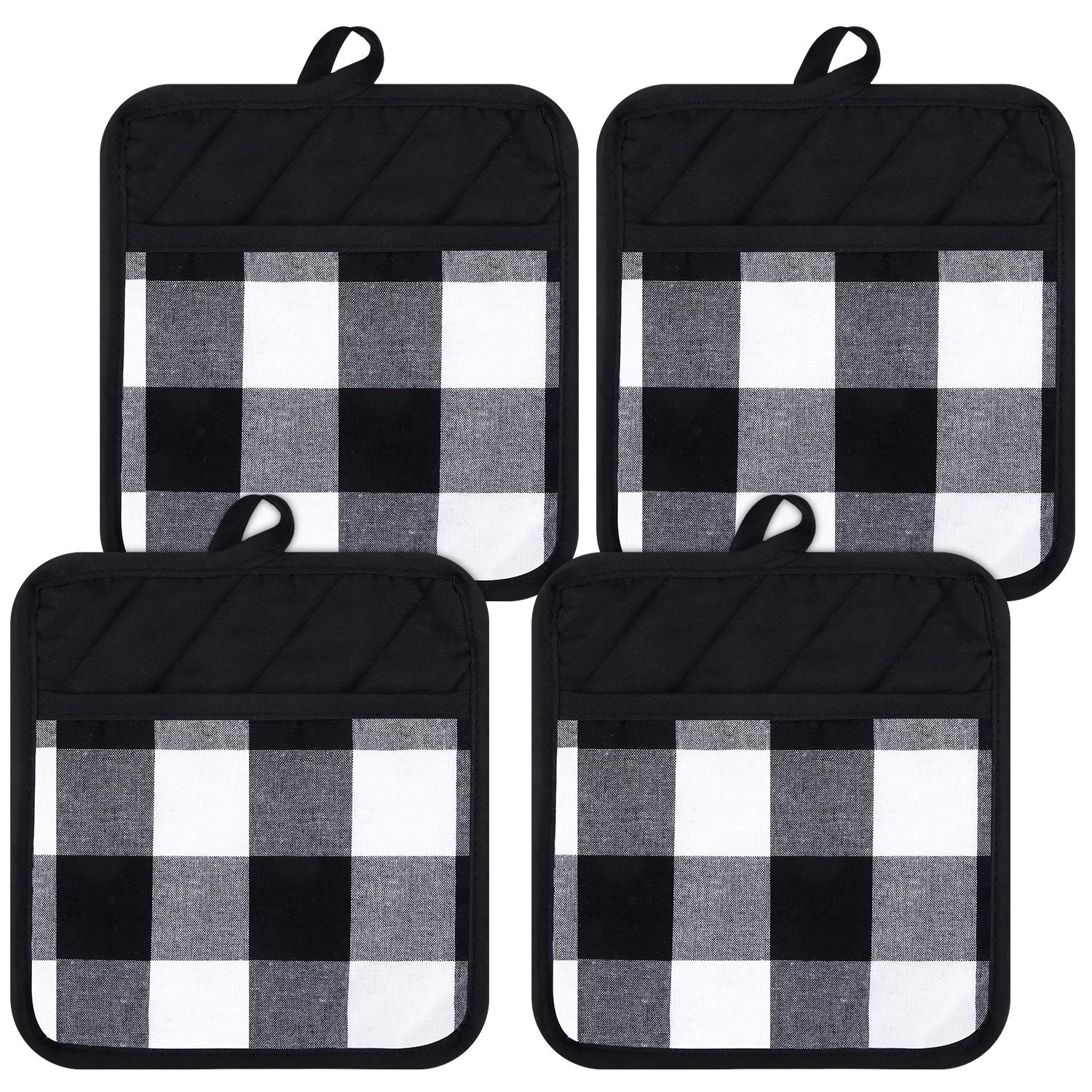 4-Piece Buffalo Check Pot Holders with Pockets - Black and White Plaid Kitchen Gloves for Cooking, Baking & Grilling - Heat Resistant Oven Mitts for Holiday Decor & Home Use