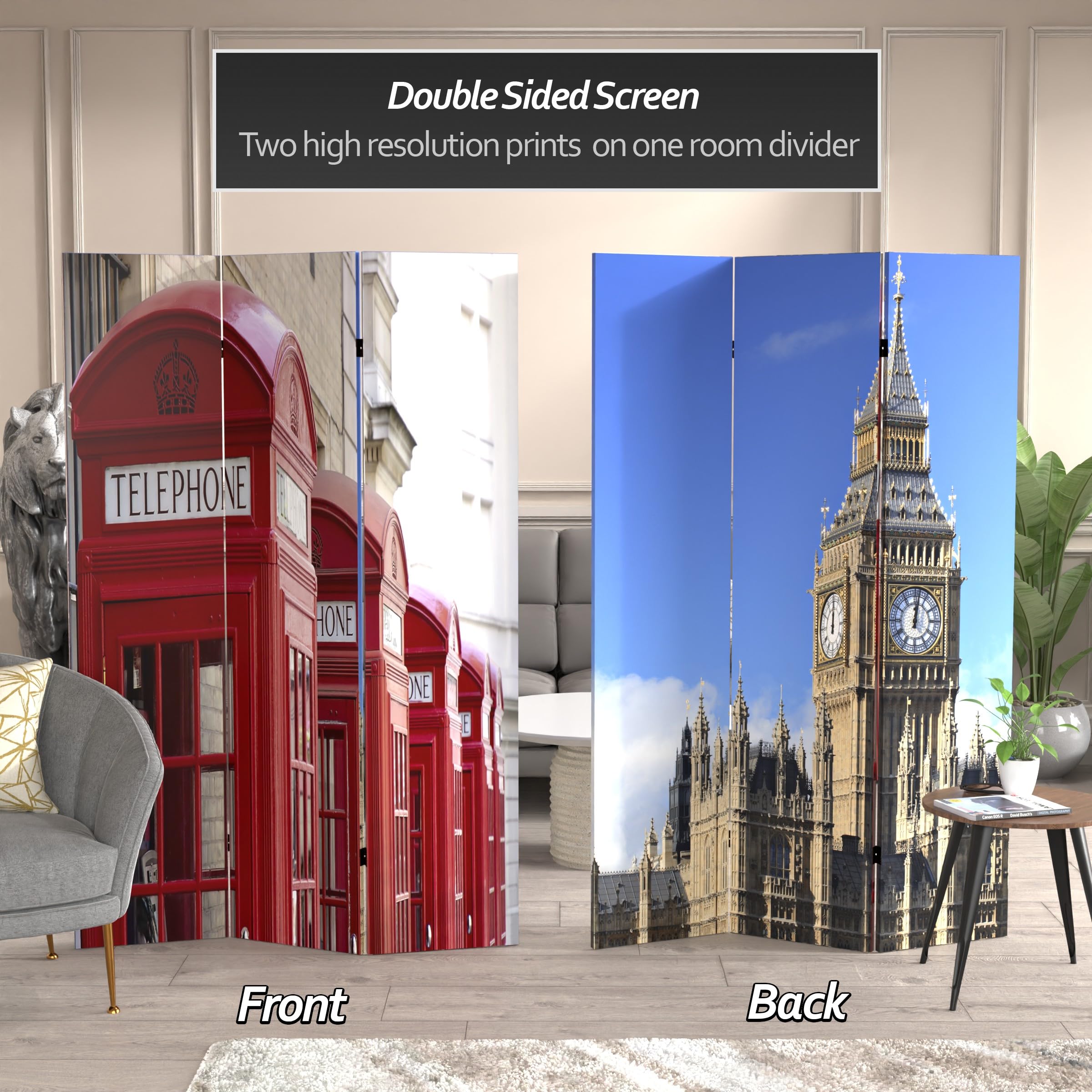 6 ft Tall Double Sided Red Lantern London Room Divider - Big Ben & Phone Booths Design | 71 Inch Height, 3 Panel Wide | Perfect for Home Decor, Office Partition & Themed Events