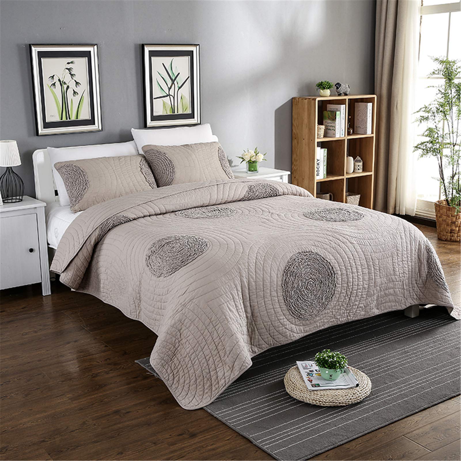 ABREEZE Cotton Taupe Quilt Set Queen Size - 3 Piece Farmhouse Style Bedspread Coverlet Set | Lightweight & Soft Oversized Modern Bedding | Perfect for Guest Rooms, Master Bedrooms & Cozy Farmhouse Decor