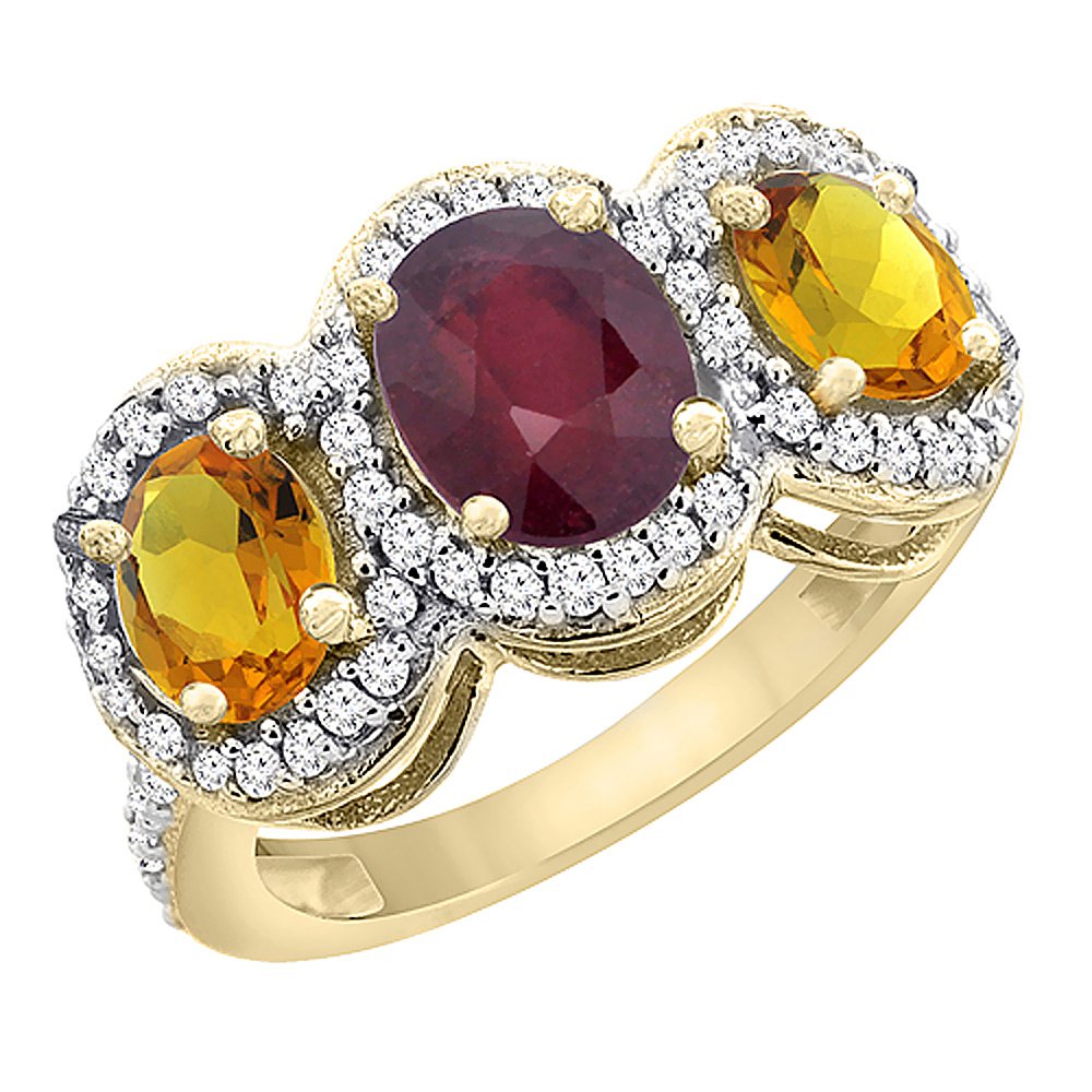 14K Yellow Gold Natural Ruby & Citrine 3-Stone Mothers Ring with Oval Diamond Accent - Size 5-10 | Elegant Gift for Mom, Birthday, Anniversary & Special Occasions