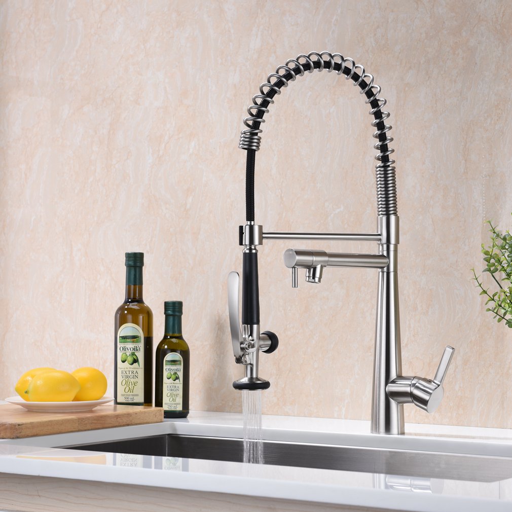 Commercial Heavy Duty Spring Single Handle Brass Kitchen Faucet with Pull Down Sprayer & Pot Filler, Stainless Steel Brushed Nickel for Modern Kitchens and Restaurants