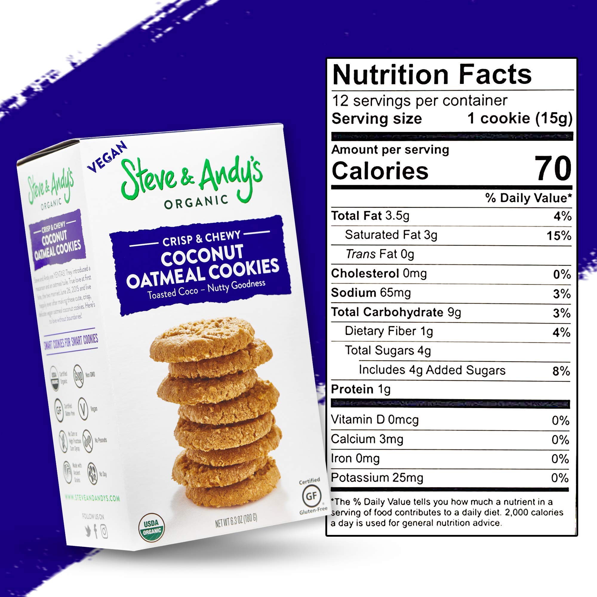 Steve & Andy’s Organic Gluten-Free Vegan Coconut Oatmeal Cookies - Non-GMO, Healthy Snack, Crispy Texture - Perfect for Breakfast, Office Snacks & Travel (Single Box)