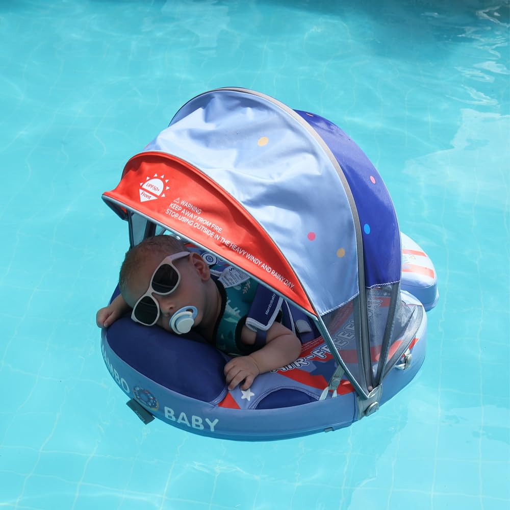 **Mambobaby Non-Inflatable Baby Pool Float with Canopy - Safe Infant Swimming Floatie Ring for 3-24 Months - Perfect for Beach, Pool & Water Play**