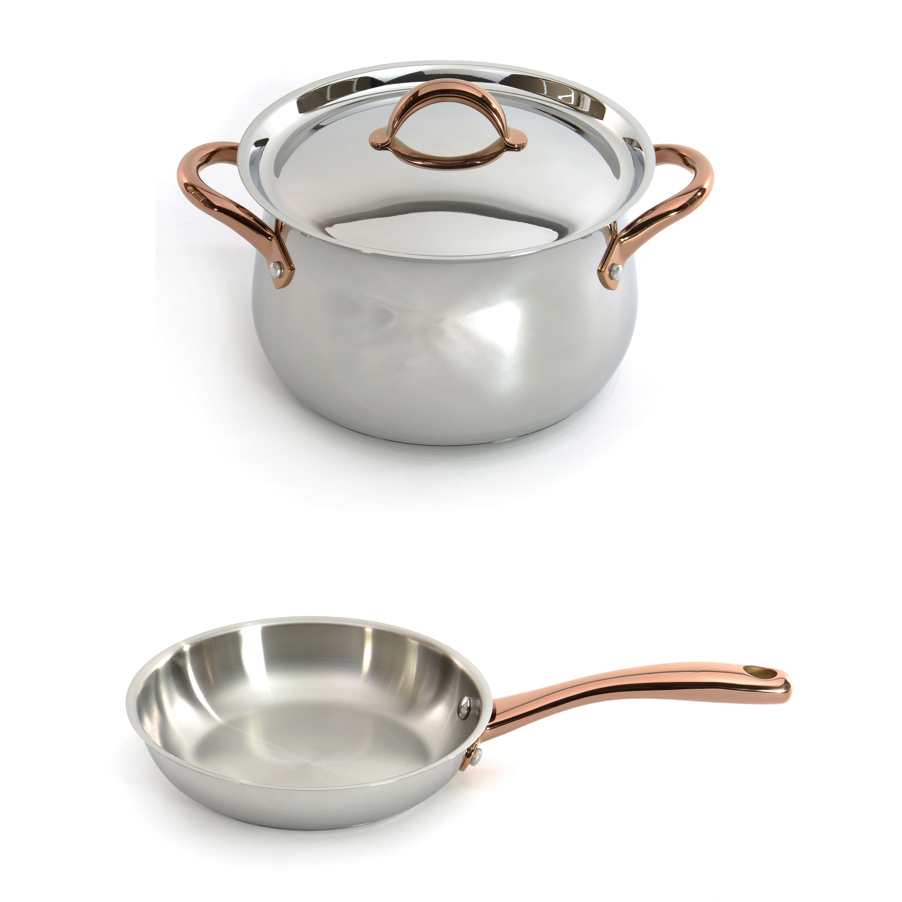 BergHOFF Ouro Gold 3-Piece 18/10 Stainless Steel Cookware Starter Set with Stainless Steel Lids & Rose Gold Handles - Perfect for Small Kitchens, Dorms & First-Time Cooks