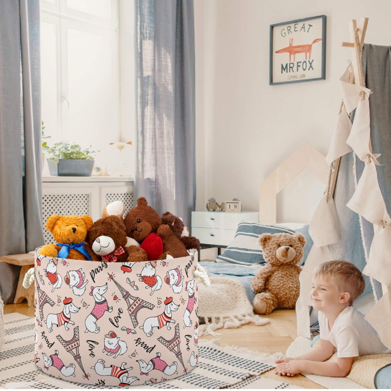 Visesunny Collapsible Large Capacity Storage Basket - Paris Eiffel Tower Design Dog Clothes & Toy Organizer with Durable Cotton Handles | Perfect for Bathroom, Bedroom, Nursery, Laundry & Closet Organization | Space-Saving Home Decor Solution for Pet Lovers