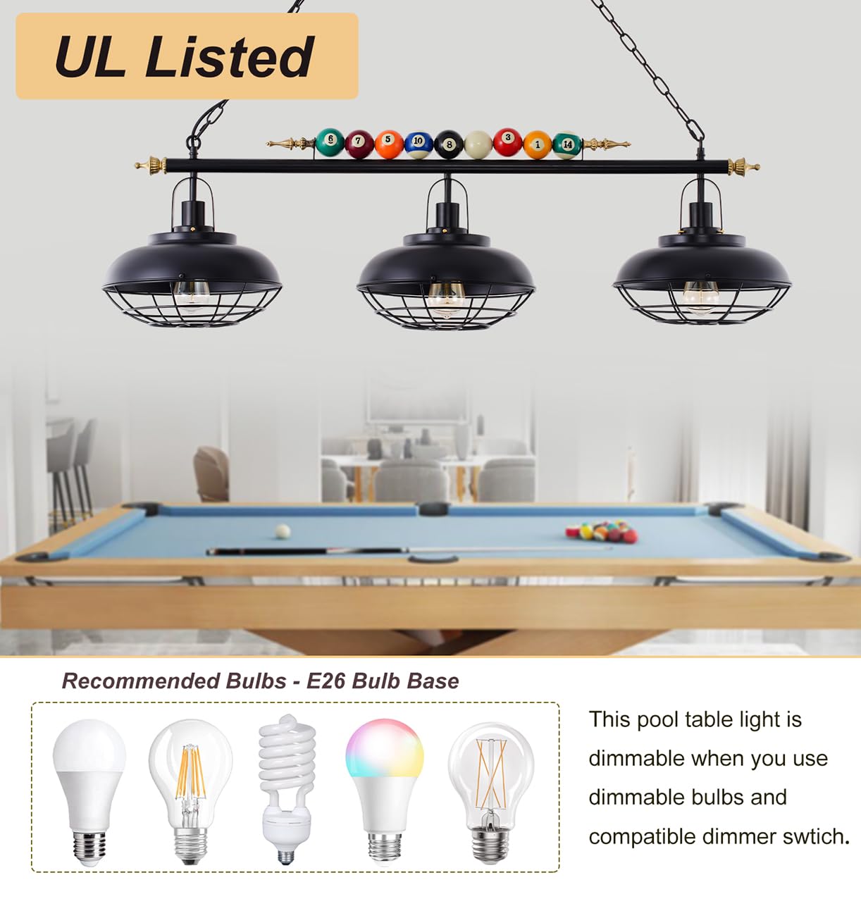 Billiard Ceiling Lamp with Real Billiard Ball Design - 3-Light Hanging Pool Table Lighting Fixture with Metal Shades for Game Room, Man Cave & Sports Bar Decor | Perfect for Pool Parties, Home Billiard Rooms & Entertainment Spaces