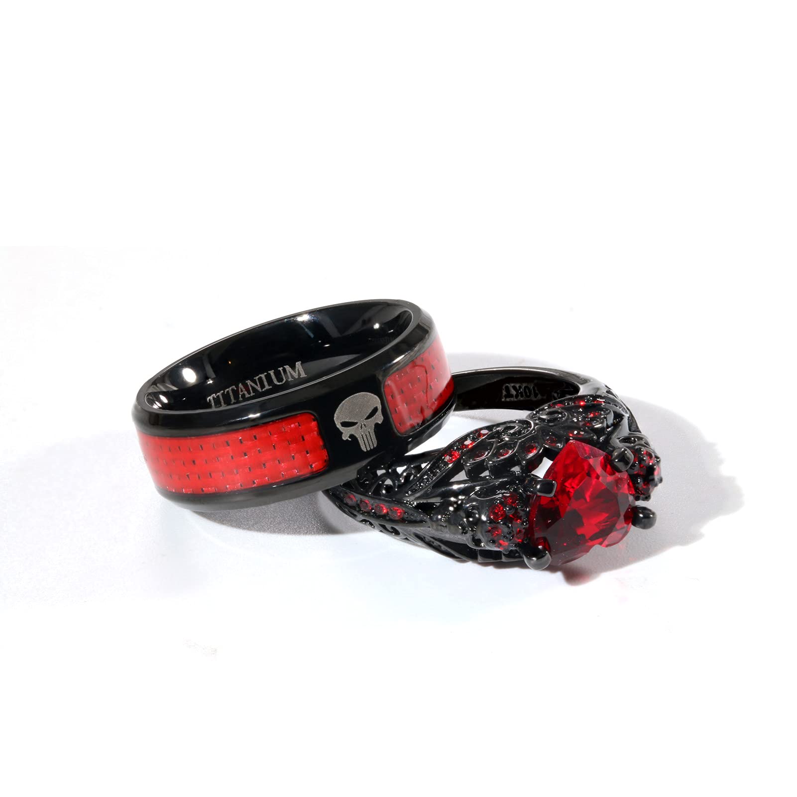 His and Hers Skull Couple Rings - Punk Skeleton Black Titanium Steel Wedding Bands with Heart & Red CZ for Men & Women | Gothic Jewelry, Anniversary Gift, Alternative Wedding Ring Set