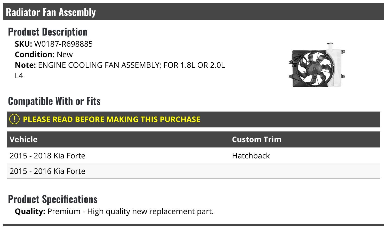 High-Performance Radiator Fan Assembly for 2015-2018 Kia Forte 1.8L & 2.0L - Direct Fit Replacement Part - Perfect for Engine Cooling & Overheating Prevention