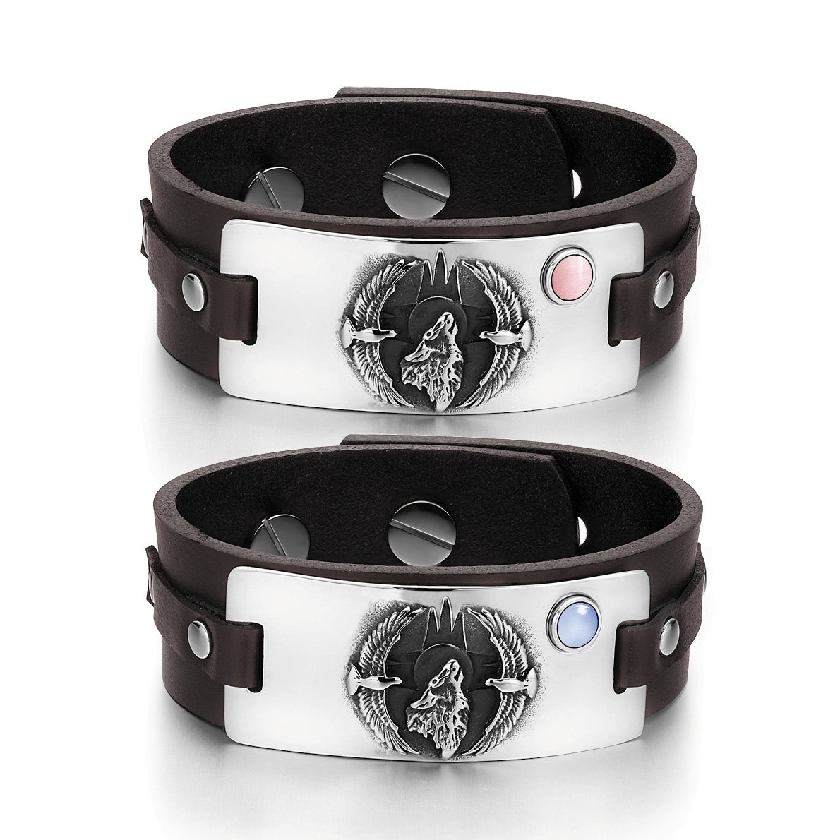 Howling Wolf American Eagles Amulets - Brown Leather Bracelets for Couples, Love & Protection Jewelry - Perfect for Anniversary Gifts, Valentine's Day & Spiritual Connection