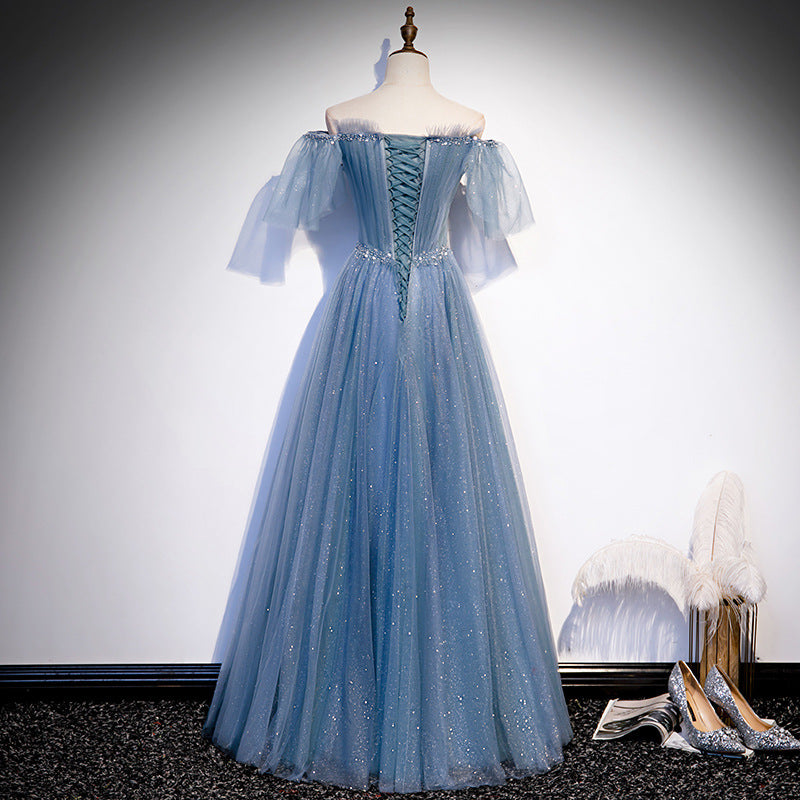 Elegant Off Shoulder Blue A-Line Tulle Prom Dress - Shiny Formal Evening Gown for Homecoming, Wedding & Special Occasions - Style 640