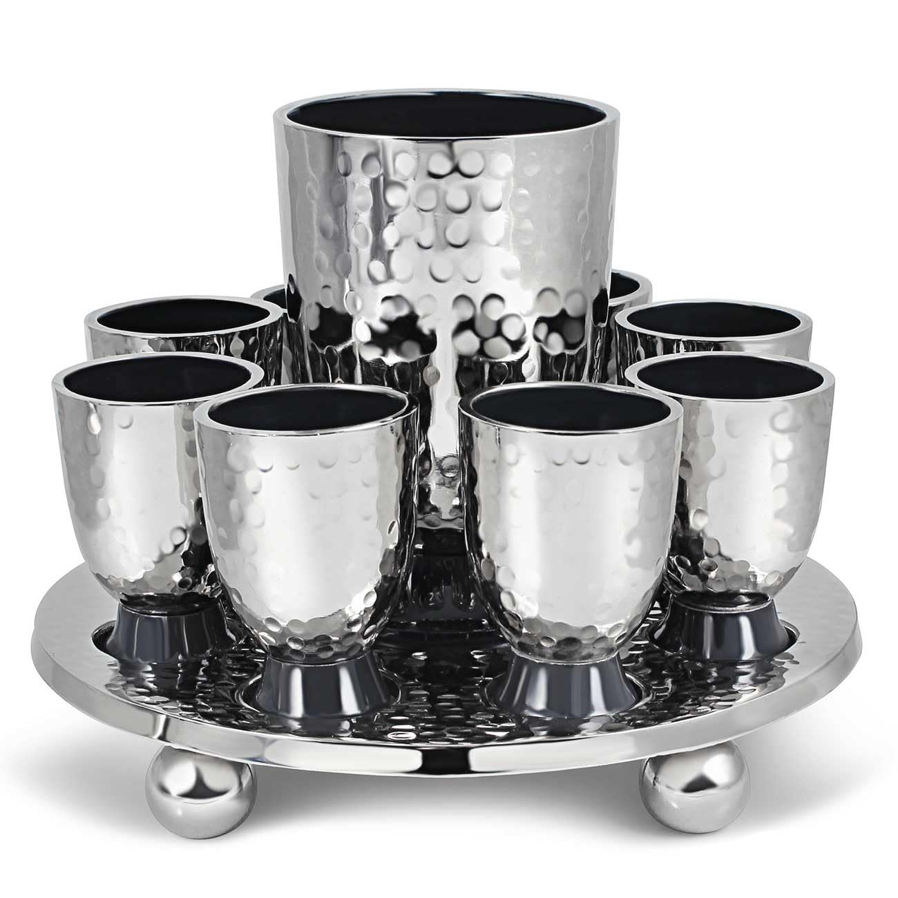 Elegant Hammered Metal Kiddush Cup Wine Fountain Set with Enamel Detailing - Large Goblet & 8 Matching Shot Cups - Perfect for Shabbat, Passover, Jewish Holidays & Wedding Gifts - Zion Judaica Grey Judaica Set for Home Celebrations & Religious Ceremonies
