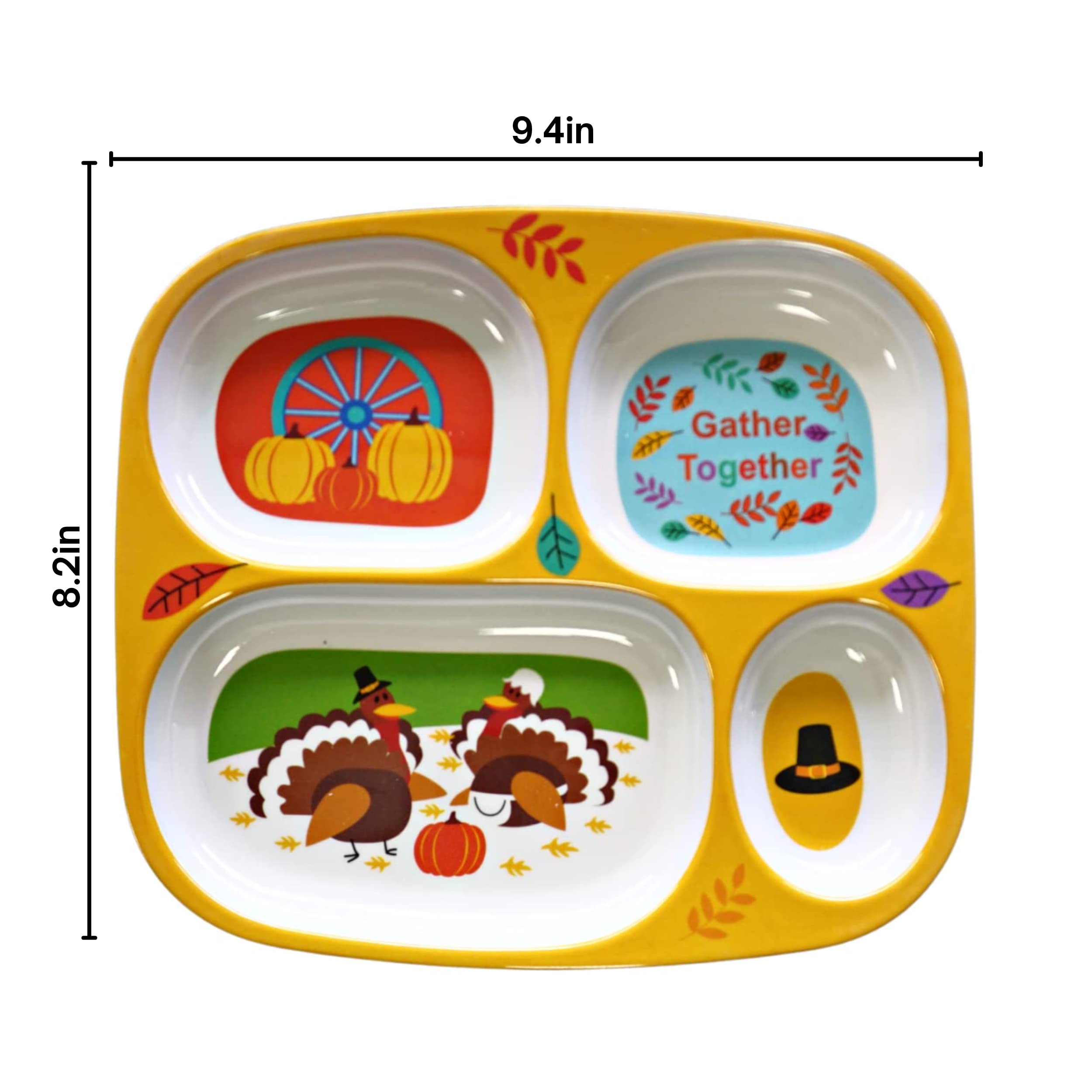 4E's Novelty Fall Thanksgiving Dinnerware Set of 4 - BPA Free Melamine Divided Plates for Kids, Toddler & Halloween Dishes | Top Rack Dishwasher Safe | Perfect for Holiday Parties, Family Gatherings & Kids' Meals