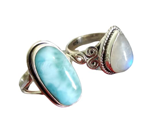 Genuine Rainbow Moonstone & Larimar Ring in 925 Sterling Silver | Handmade Dominican Republic Jewelry | Engagement, Promise & Anniversary Rings | Perfect for Birthdays, Weddings & Special Occasions