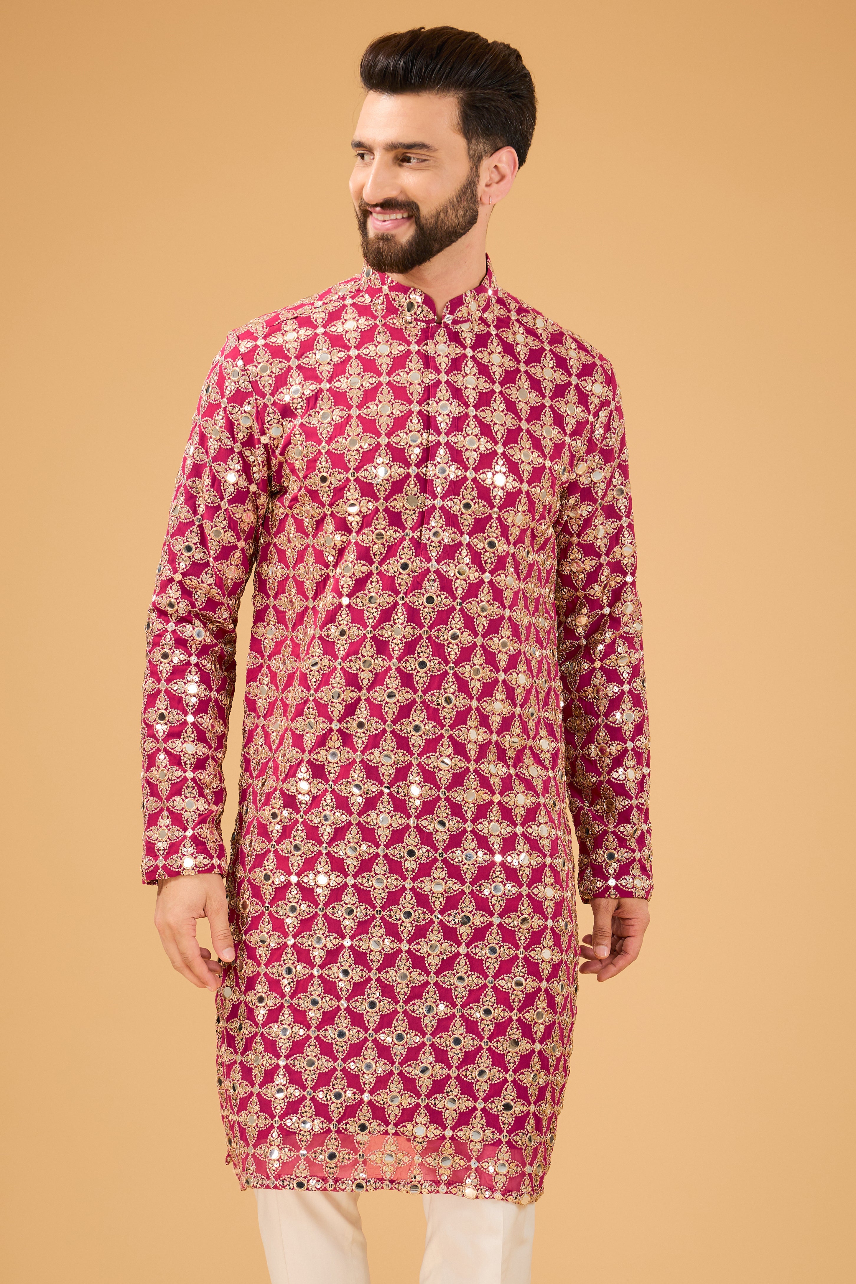 Elegant Hot Pink Mirror Work Kurta with Intricate Golden Zari Embroidery - Perfect for Festivals, Weddings & Ethnic Parties