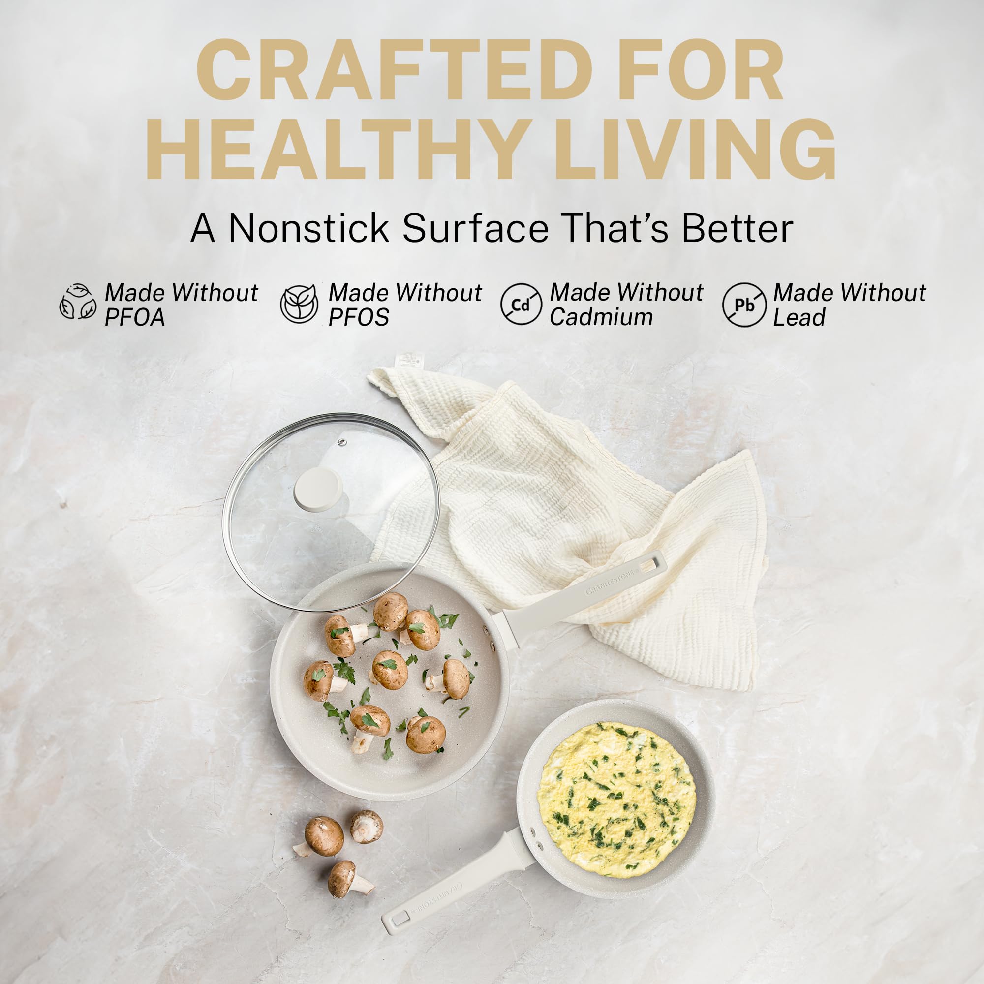 GraniteStone 20-Piece Nonstick Cookware Set - Pots & Pans with Lids, PFOA-Free Ceramic Coating, Dishwasher Safe - Perfect for Frying, Boiling & Everyday Cooking | Beige Kitchen Essentials