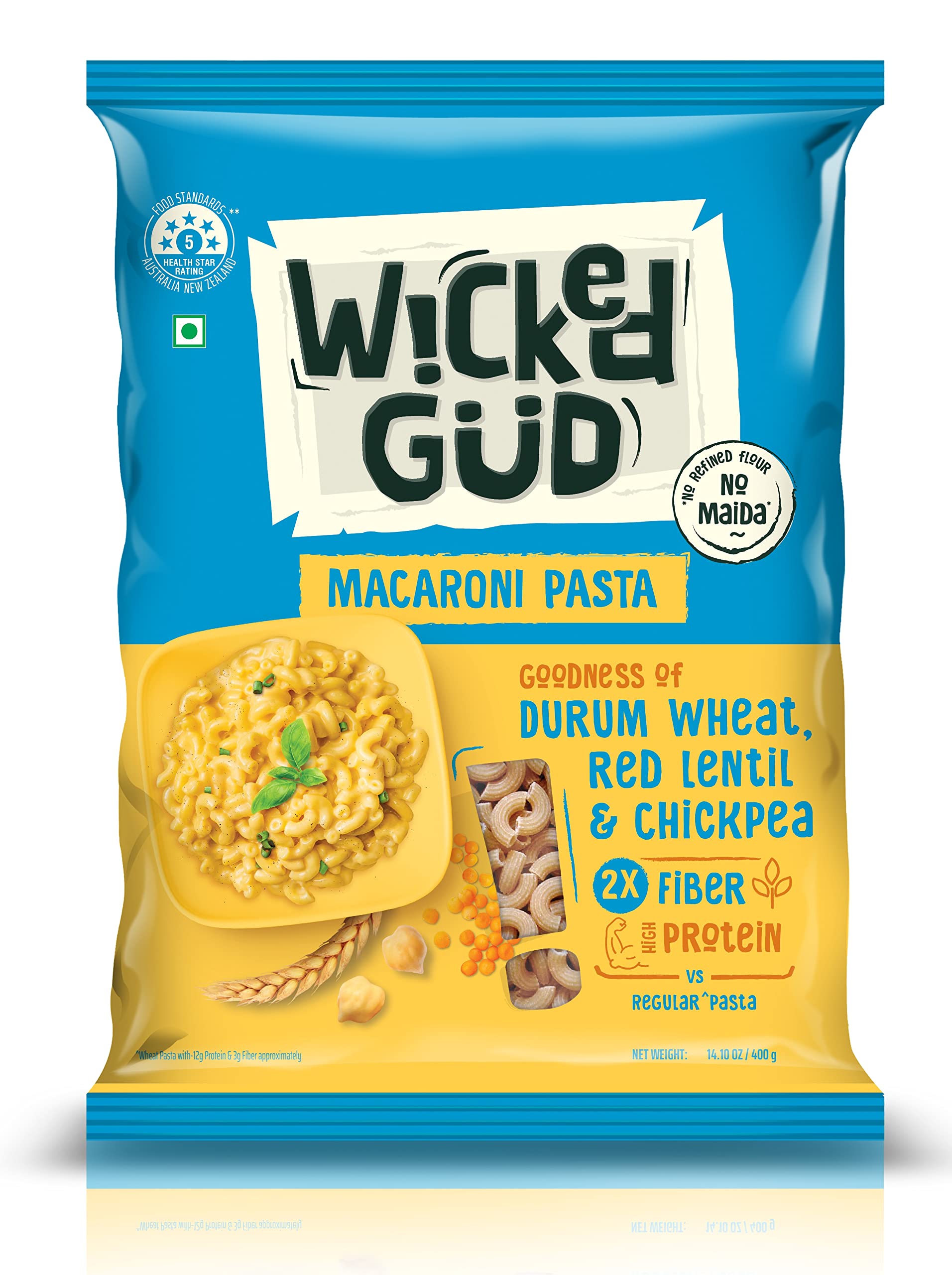 WickedGud 2X Fiber Macaroni Pasta - Healthy Durum Wheat Semolina, Brown Rice & Red Lentils Pasta (No Maida) - 400g | Perfect for Keto, Vegan & Gluten-Free Diets | Ideal for Pasta Salads, Casseroles & Healthy Family Meals