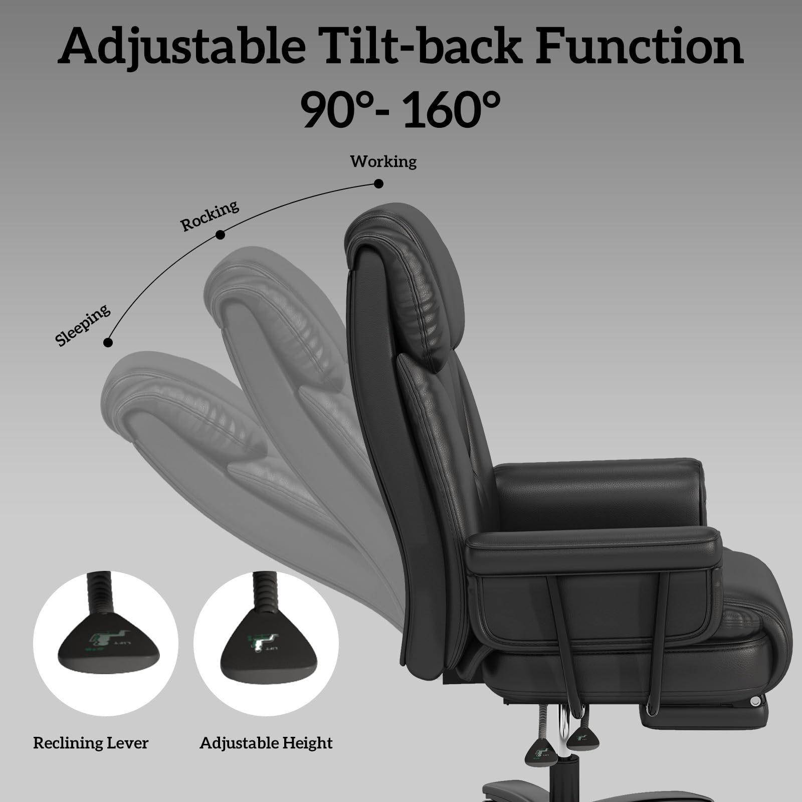 GYI Big and Tall Office Chair 400LBS Capacity - 160° Reclining High Back Executive Chair with Wide Seat, Adjustable Arms & Footrest - Black - Perfect for Home Office, Gaming & Workspaces