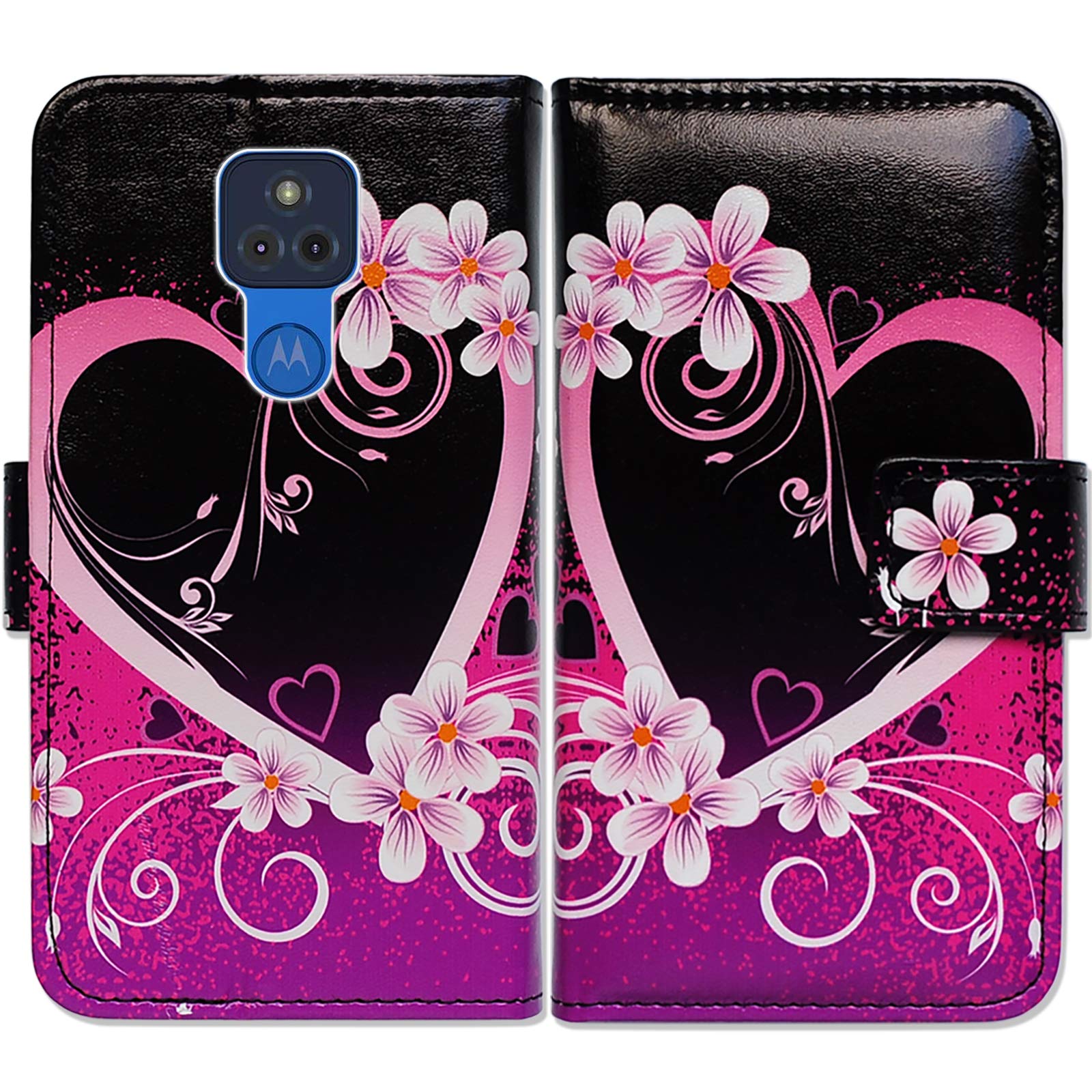 Moto G Play 2021 Case - Purple Heart Flower Leather Flip Wallet Phone Cover with Card Slots & Kickstand | Compatible Only with 2021 Model (Not for Moto G Play 2020) | Perfect for Daily Use, Travel, and Hands-Free Viewing