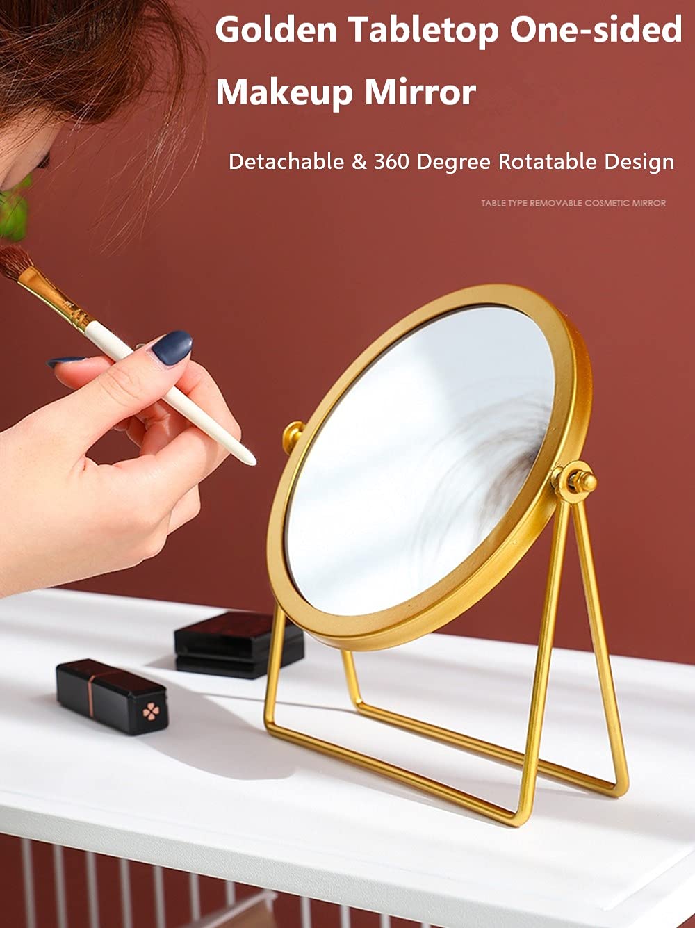Golden Tabletop Makeup Mirror - 360° Swivel & Adjustable Single-Sided Vanity Mirror with Iron Stand, 7.1
