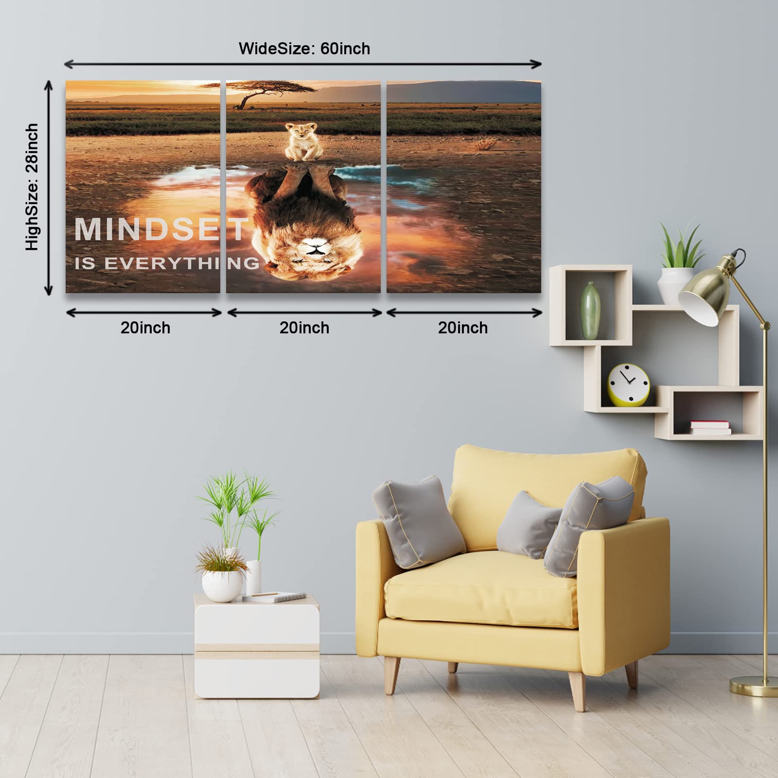 Mindset Is Everything - Motivational Lion Canvas Wall Art Set of 3, Inspirational Quote Paintings for Office & Bedroom Decor - Perfect for Home, Office & Gift Giving
