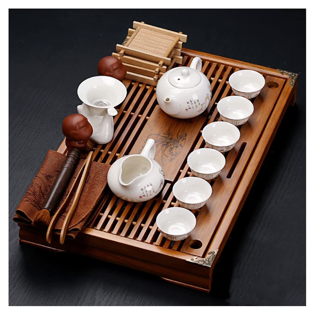 Premium Chinese Gongfu Tea Set - Ceramic Teapot with 6 Cups & Saucers, Tea Tray & Travel Case | Traditional Japanese Style Buddha Zen Tea Ceremony Set for Home, Office & Travel Use