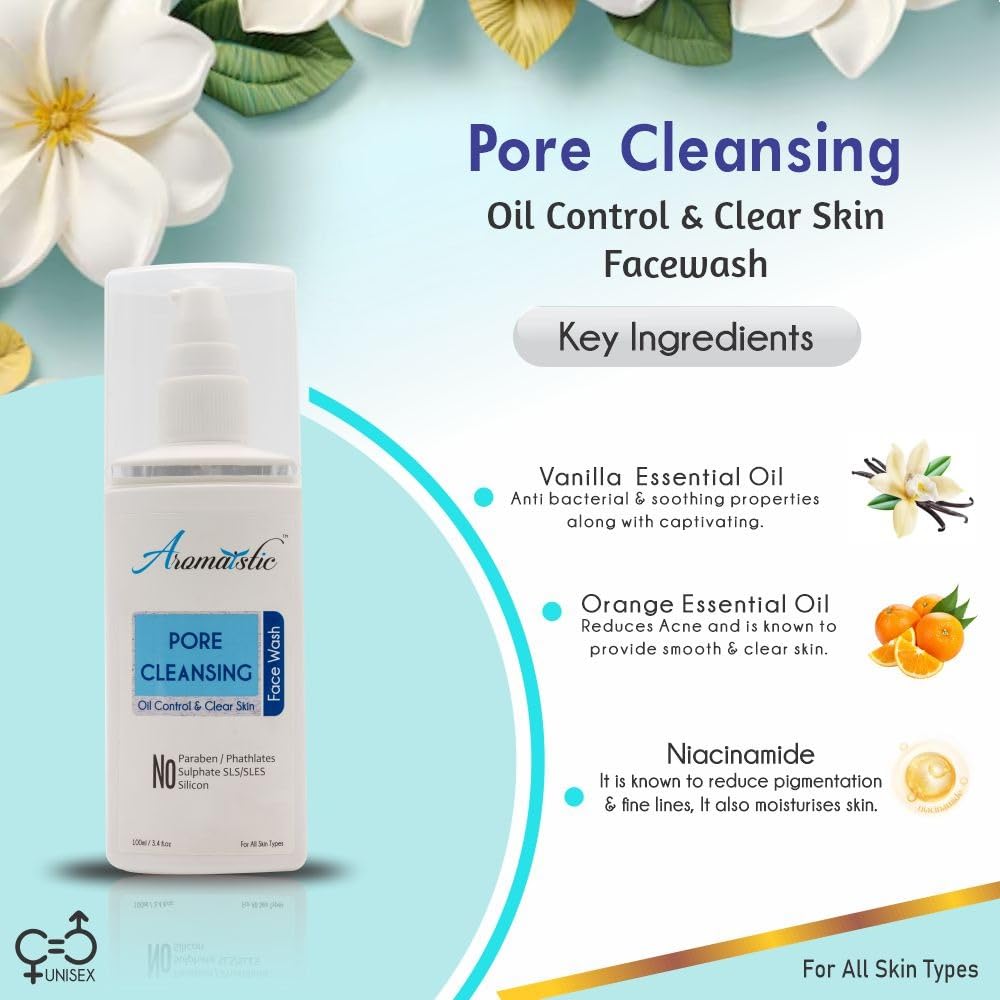 **Aromaistic Pore Cleansing Face Wash with Niacinamide – Deep Cleansing, Hydrating & Anti-Acne Oil Cleanser for Women & Men | Paraben, Sulfate & Silicone-Free | 100ml | Perfect for Daily Skincare & Acne-Prone Skin**