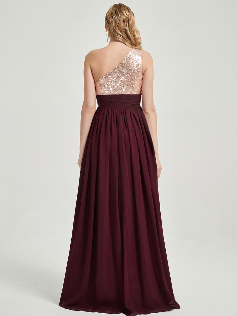 Elegant Burgundy One Shoulder Sleeveless Chiffon Sequin Maxi Dress for Bridesmaids - Perfect for Weddings, Prom, Evening Parties & Special Occasions