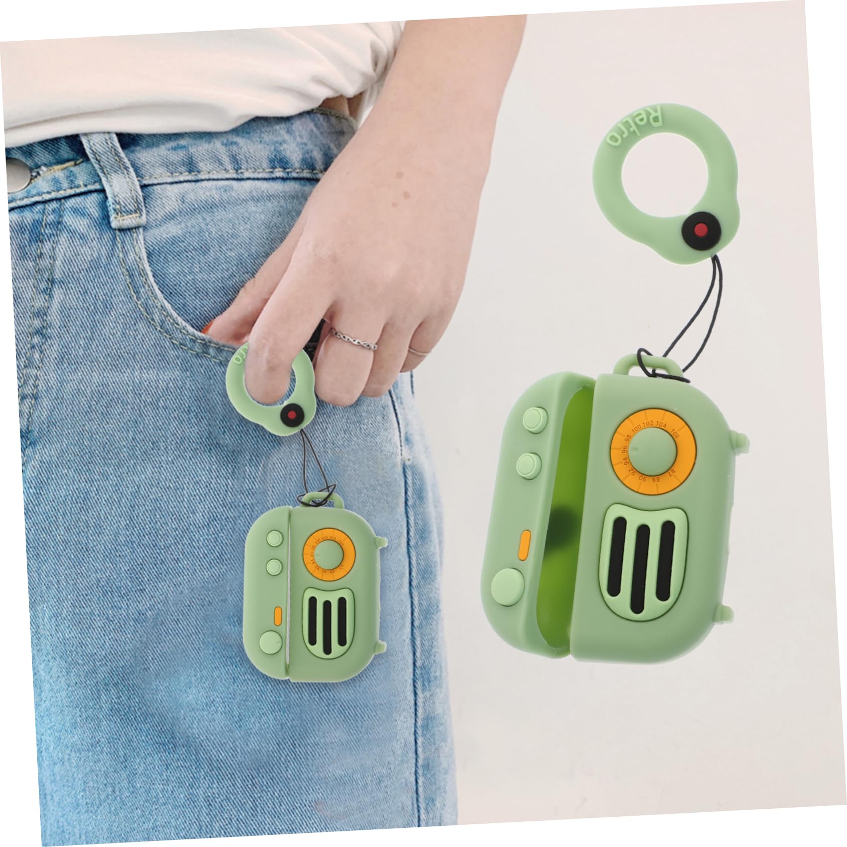 Retro Radio Design Earphone Case - Silicone Headphone Organizer & Belt Bag - Attachable & Durable - Teal Green - Perfect for Travel, Gym, and Outdoor Activities